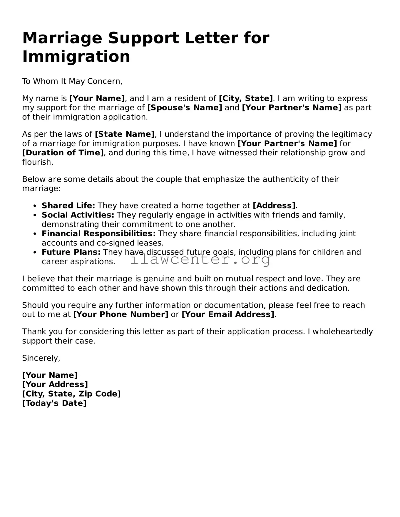 Fillable Marriage Support Letter for Immigration Document
