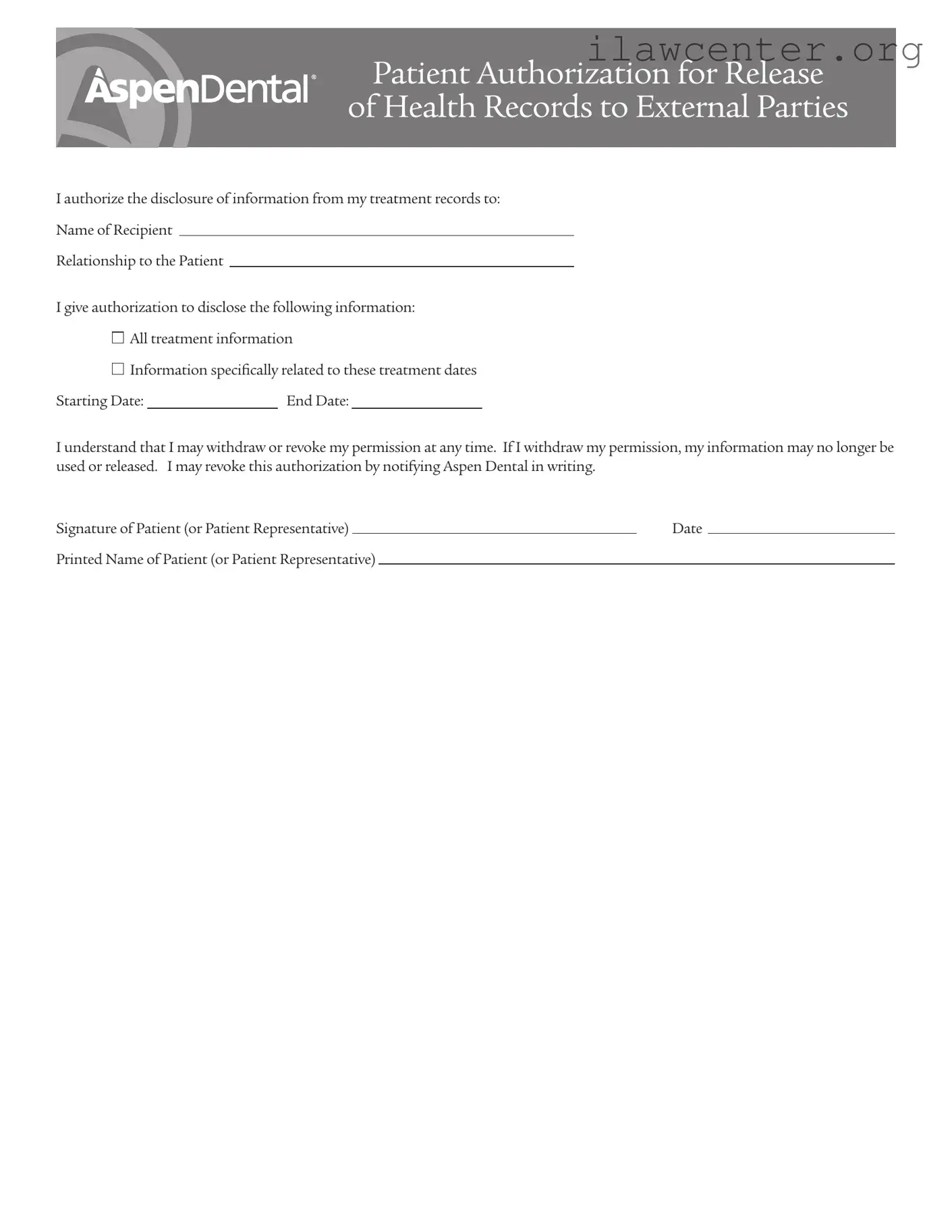 Aspen Dental Health Information Release PDF Template