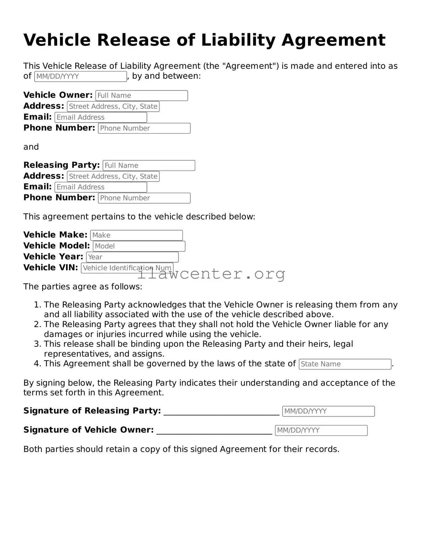 Fillable Vehicle Release of Liability Document