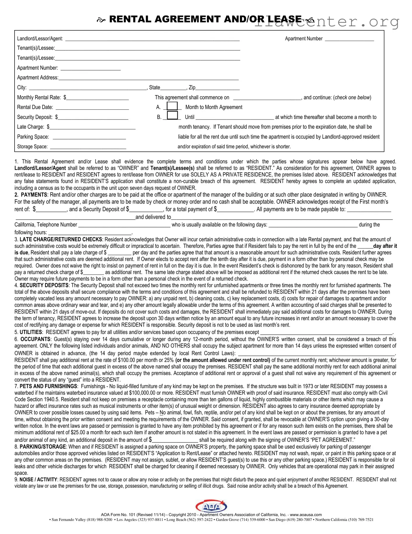 Aoa Rental Agreement PDF Template