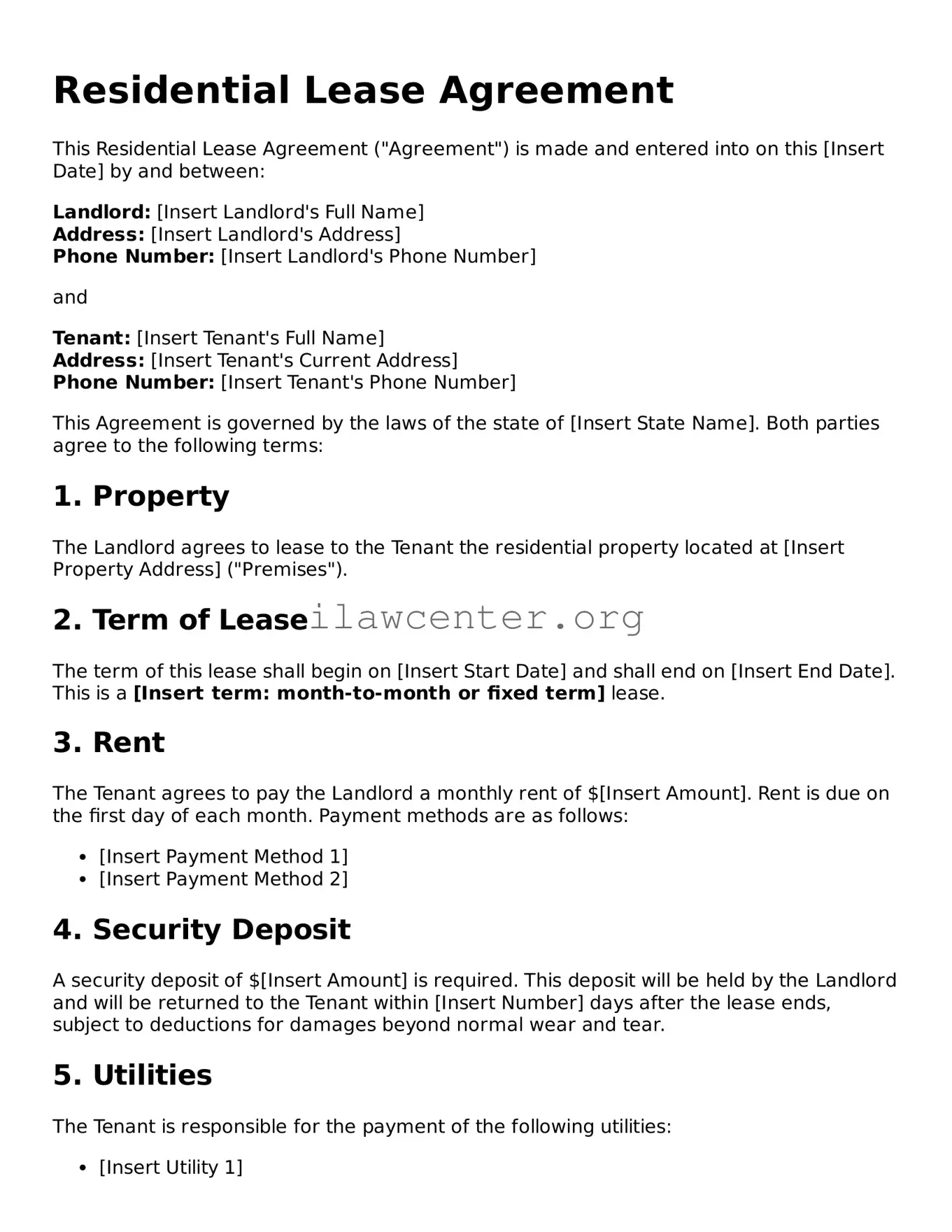 Fillable Residential Lease Agreement Document