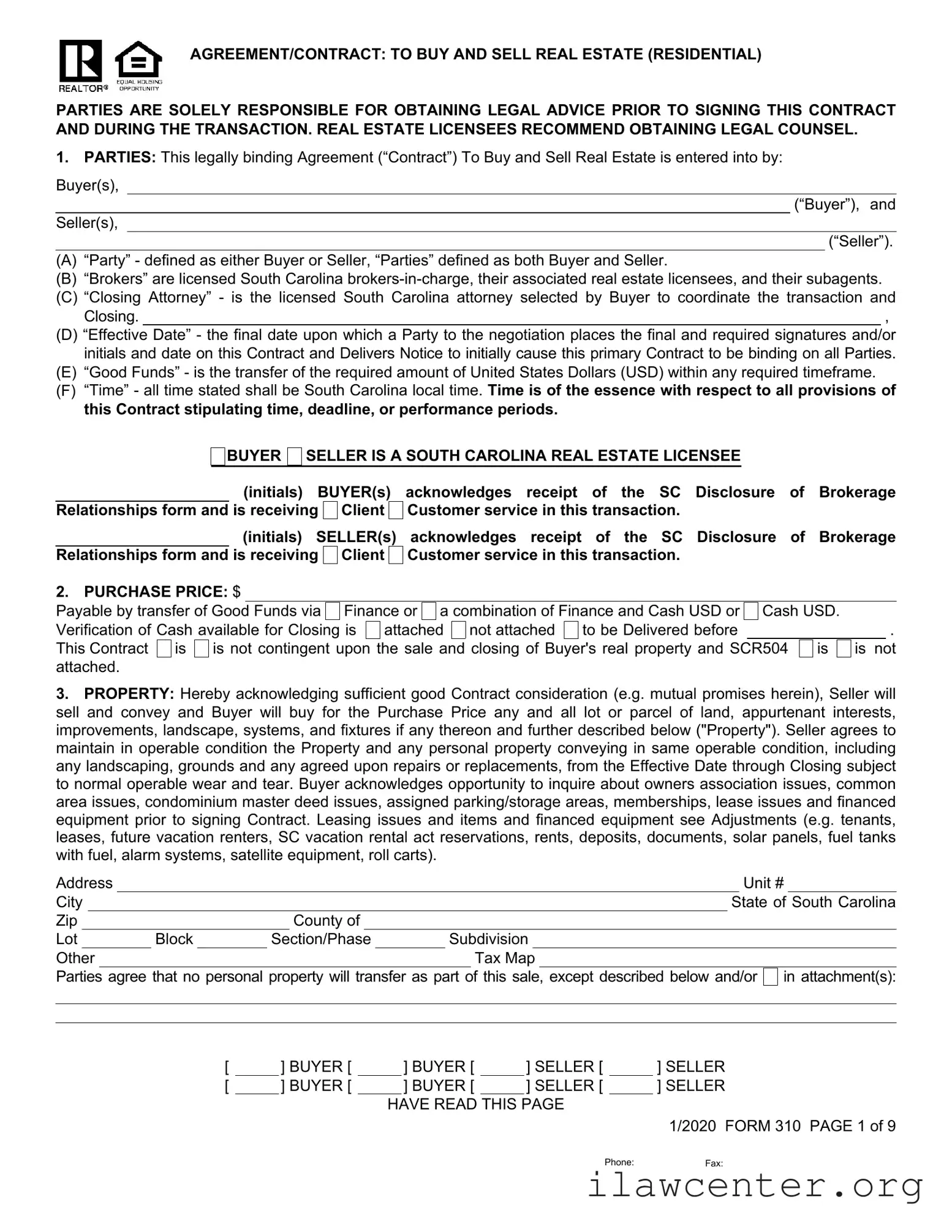 South Carolina Real Estate Contract 310 PDF Template