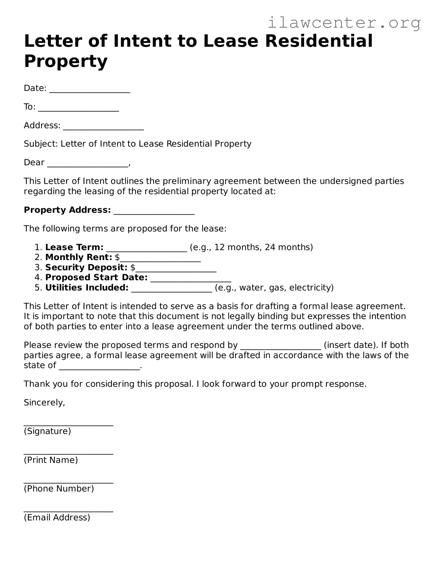 Fillable Letter of Intent to Lease Residential Property Document