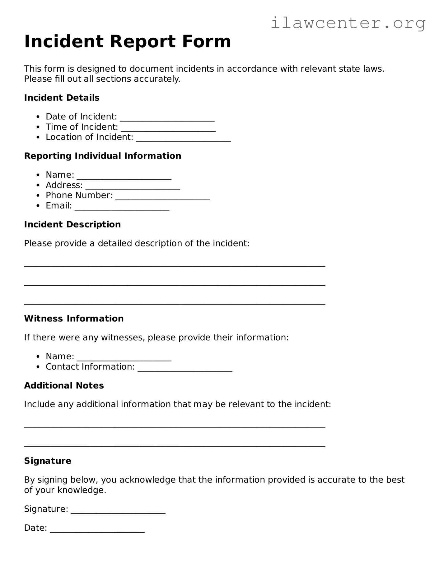 Fillable Incident Report Form Document
