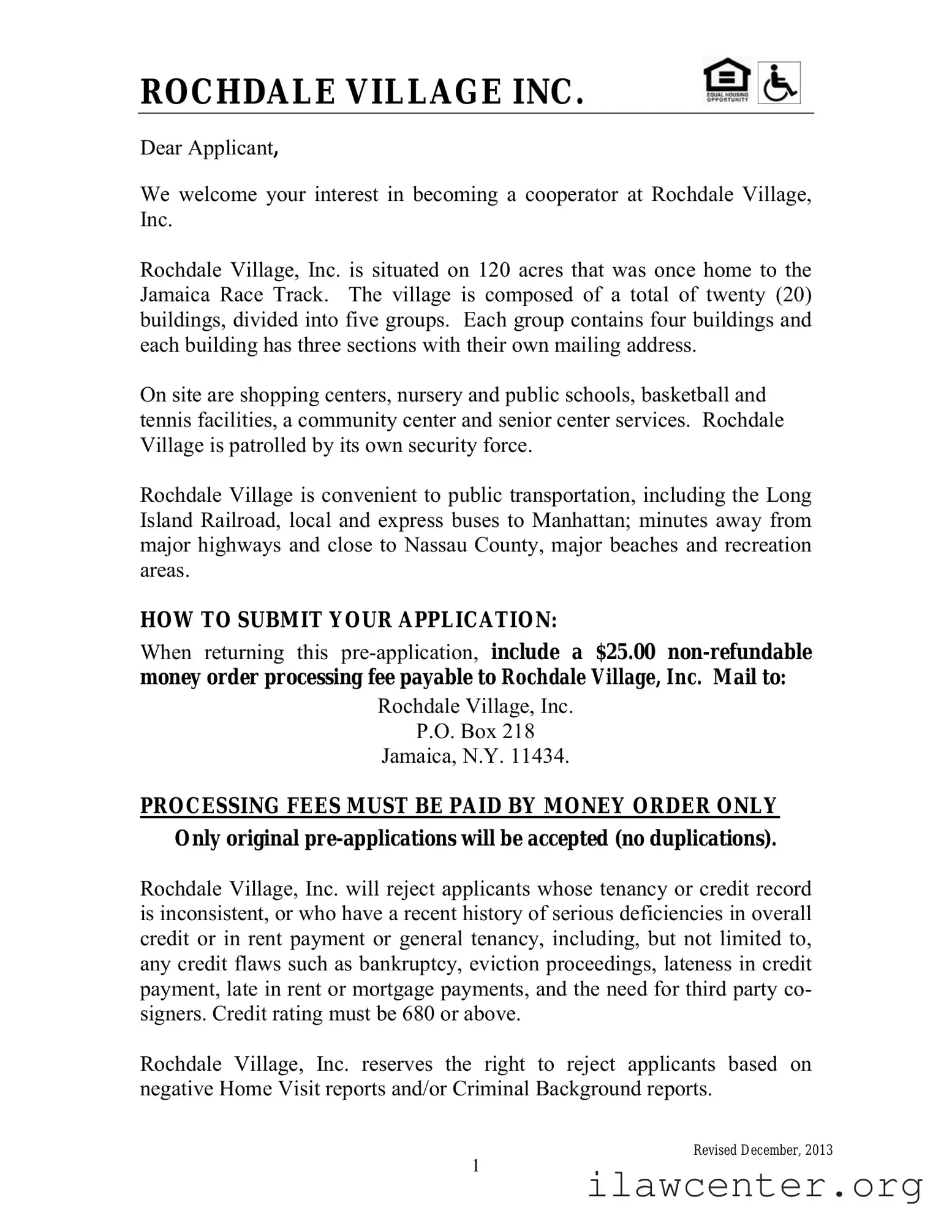 Rochdale village application PDF Template
