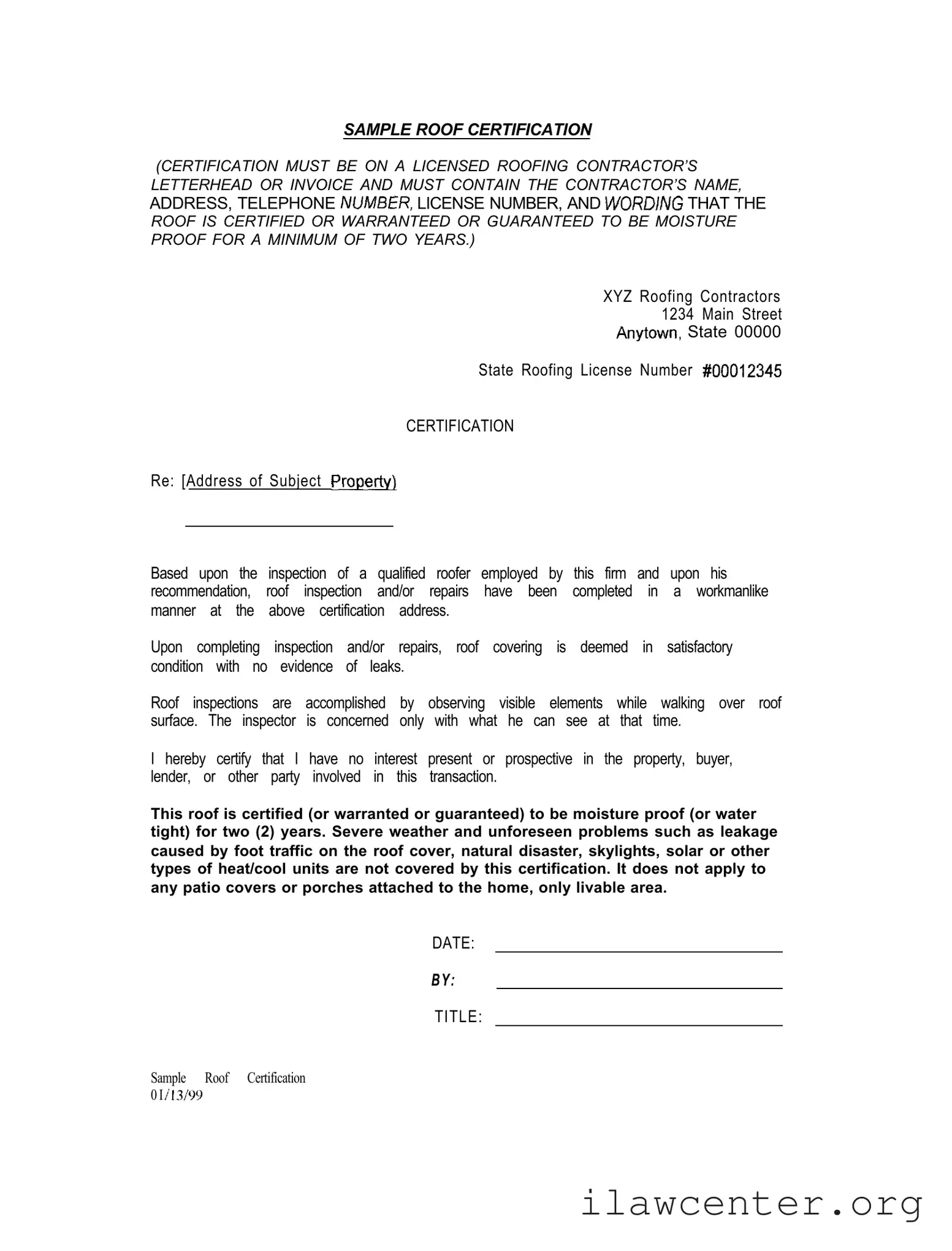 Sample Roof Certification PDF Template