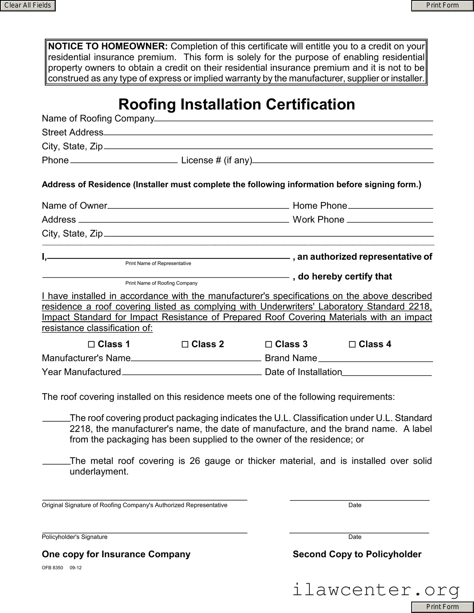 Roofing Installation Certification PDF Template