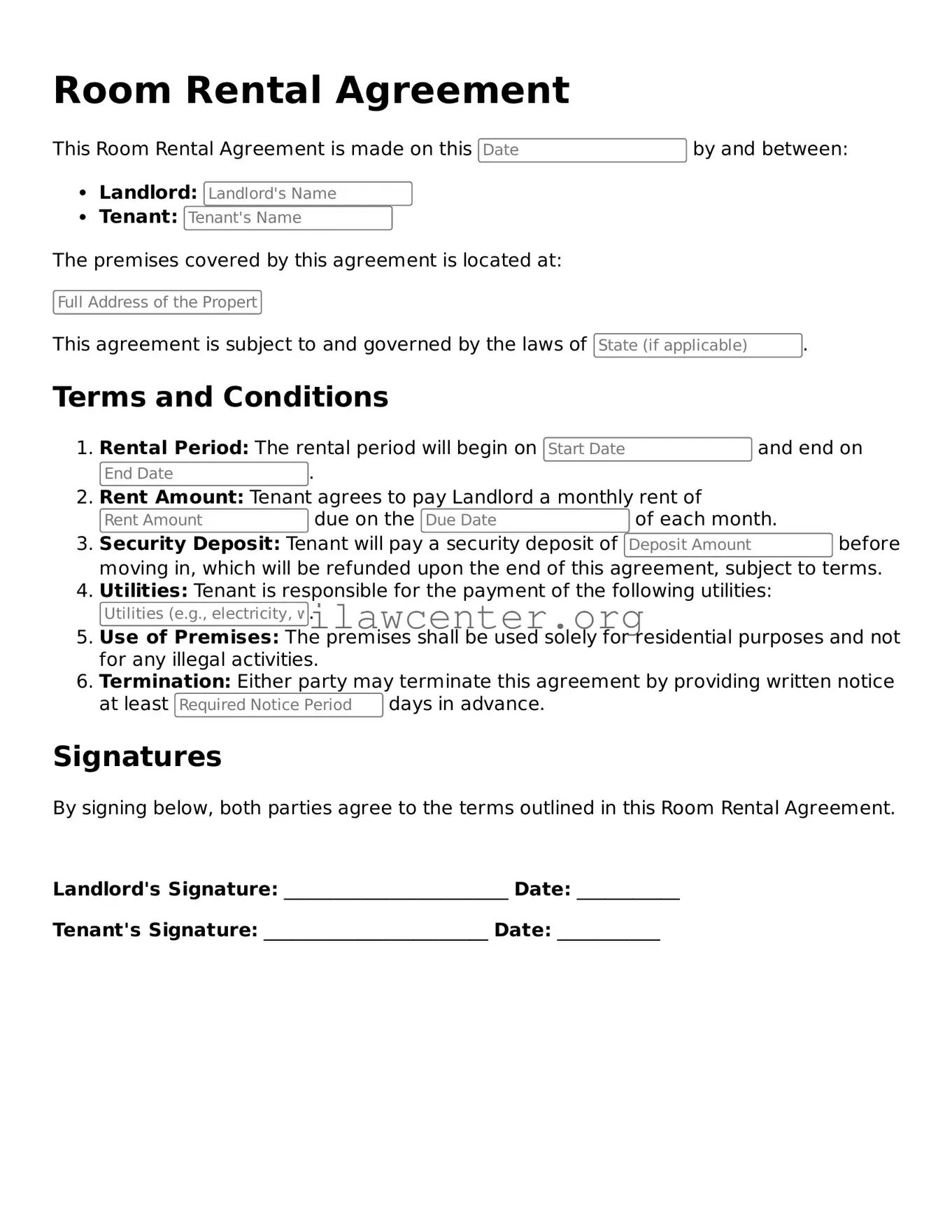 Fillable Room Rental Agreement Document
