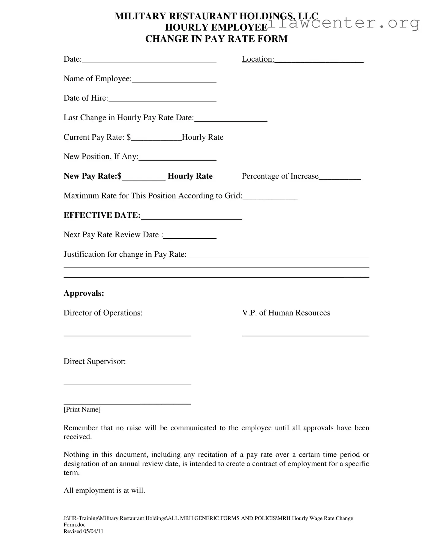 Change Pay Rate PDF Template