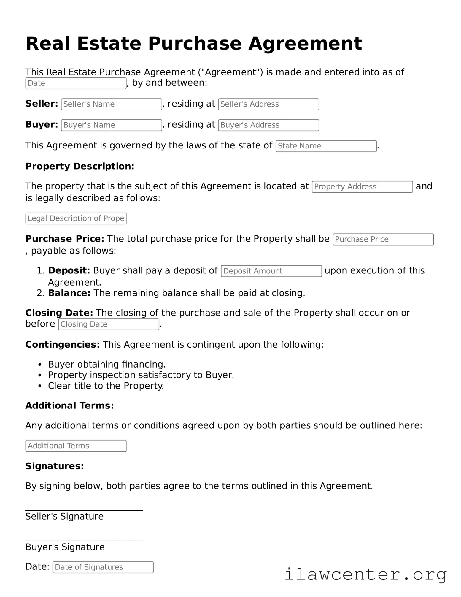 Fillable Real Estate Purchase Agreement Document
