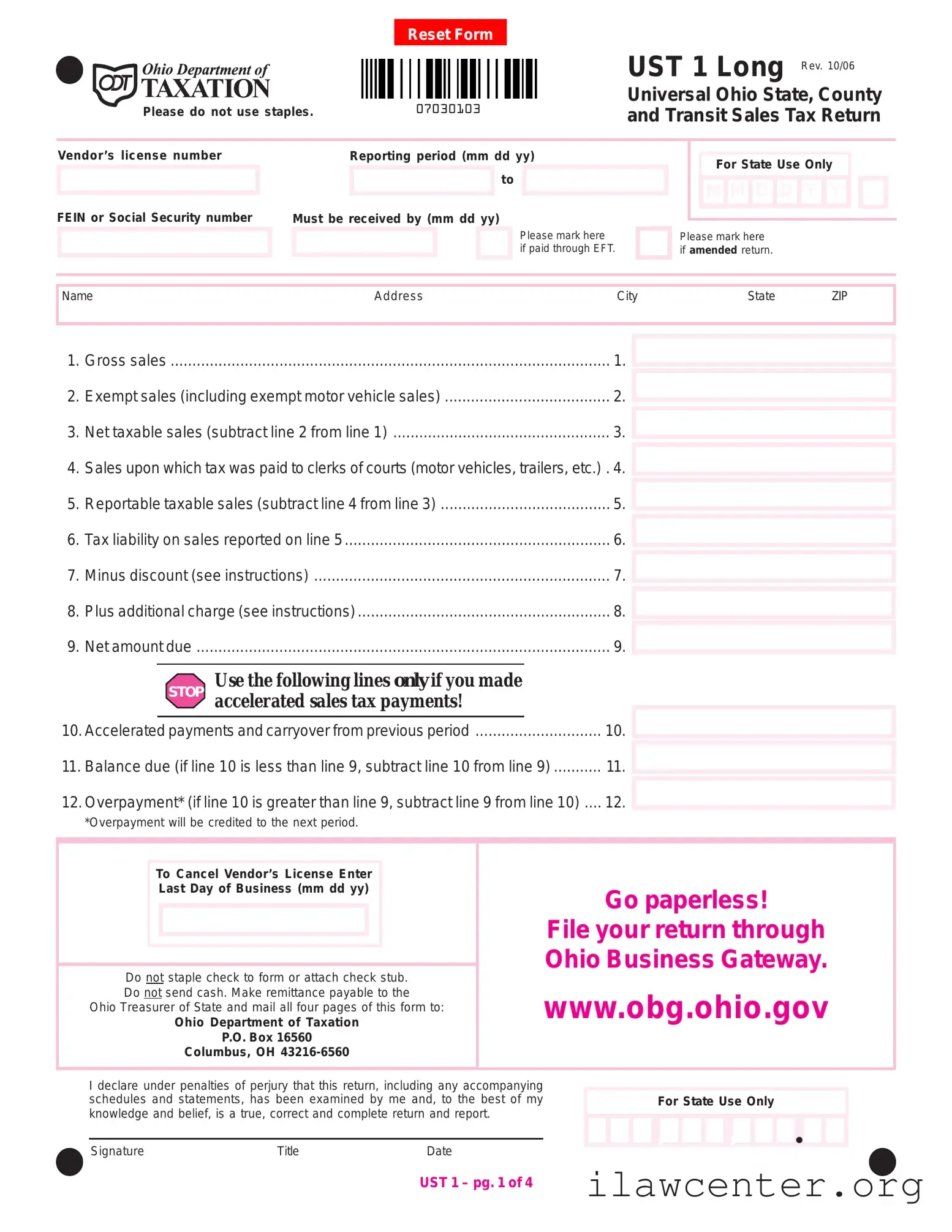 Ohio Sales Tax Ust 1 PDF Template