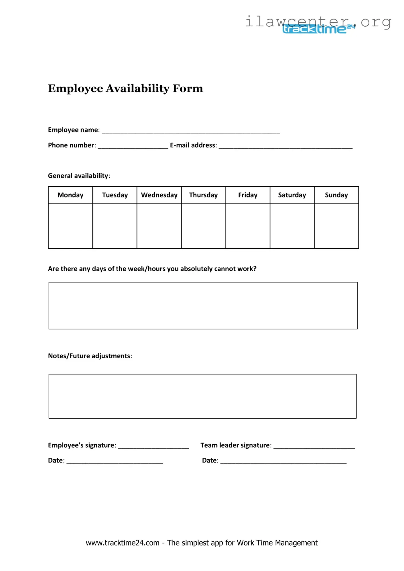 Employee Availability PDF Template