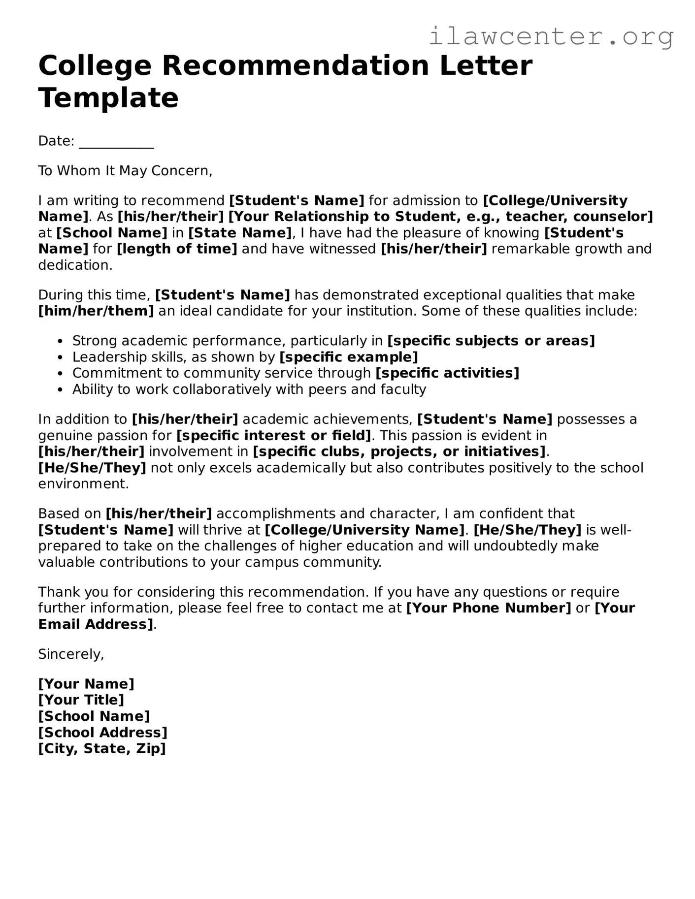 Fillable College Recommendation Letter Document