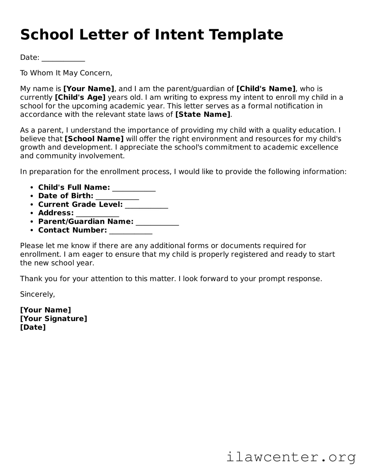 Fillable School Letter of Intent Document