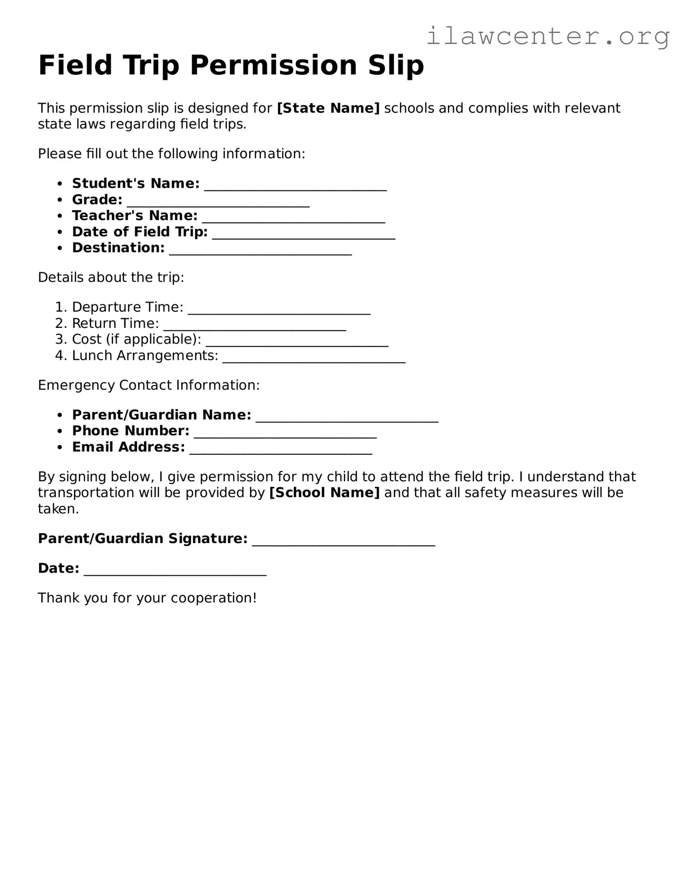 Fillable Field Trip Permission Slip Document