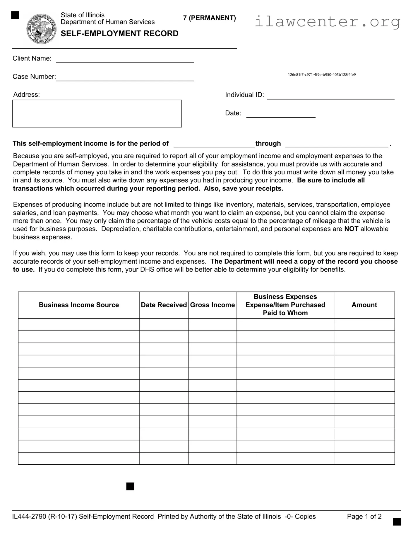Il 444 2790 Self Employment Record PDF Template