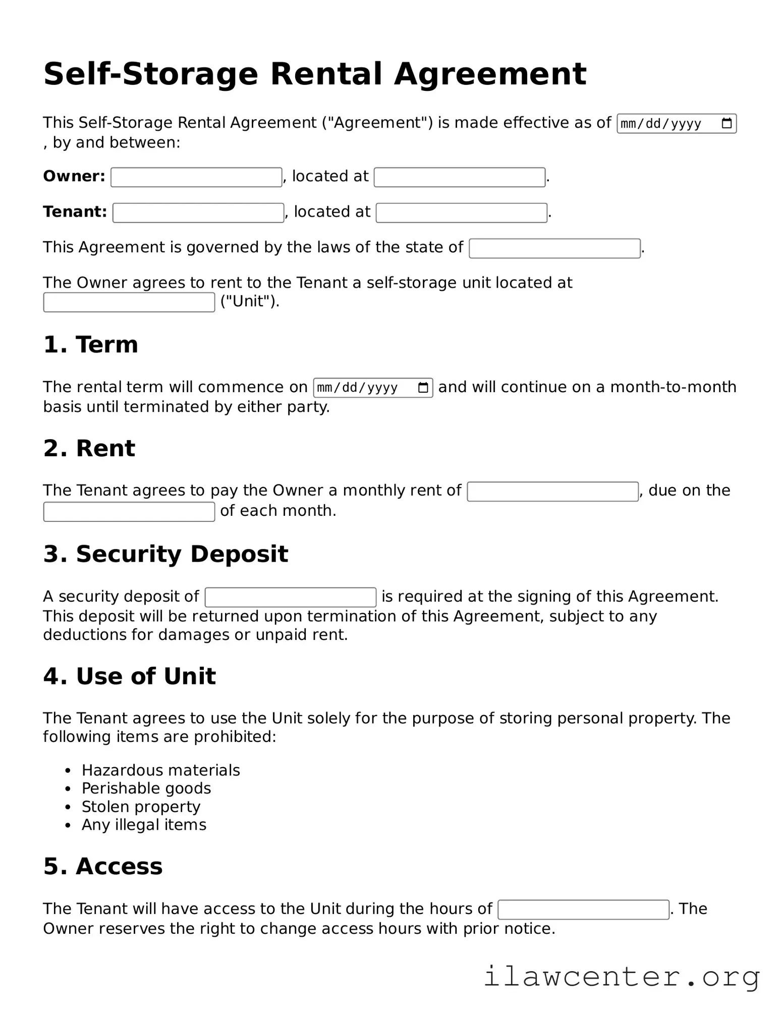 Fillable Self-Storage Rental Agreement Document