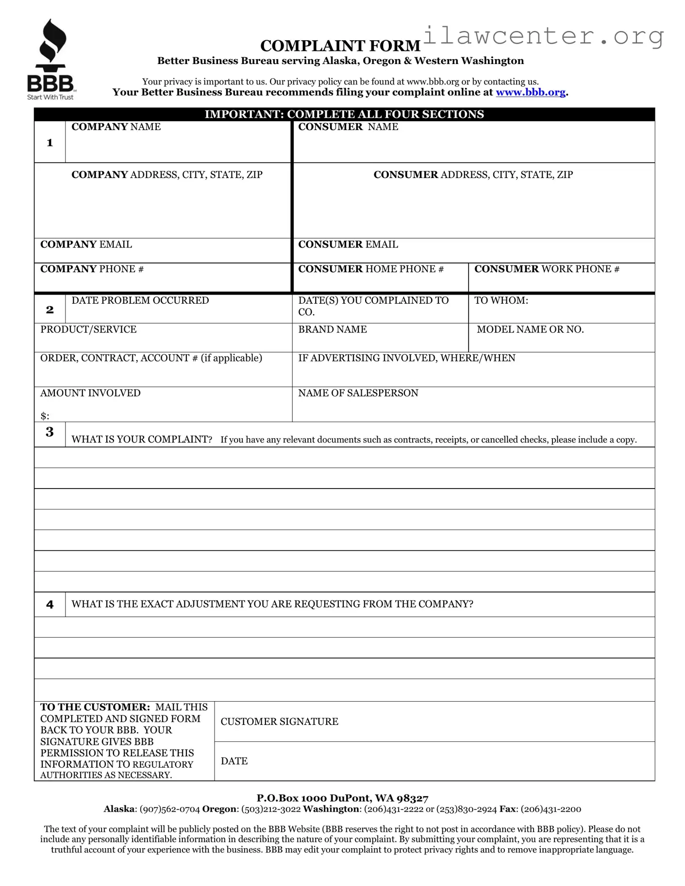Bbb Complaint PDF Template