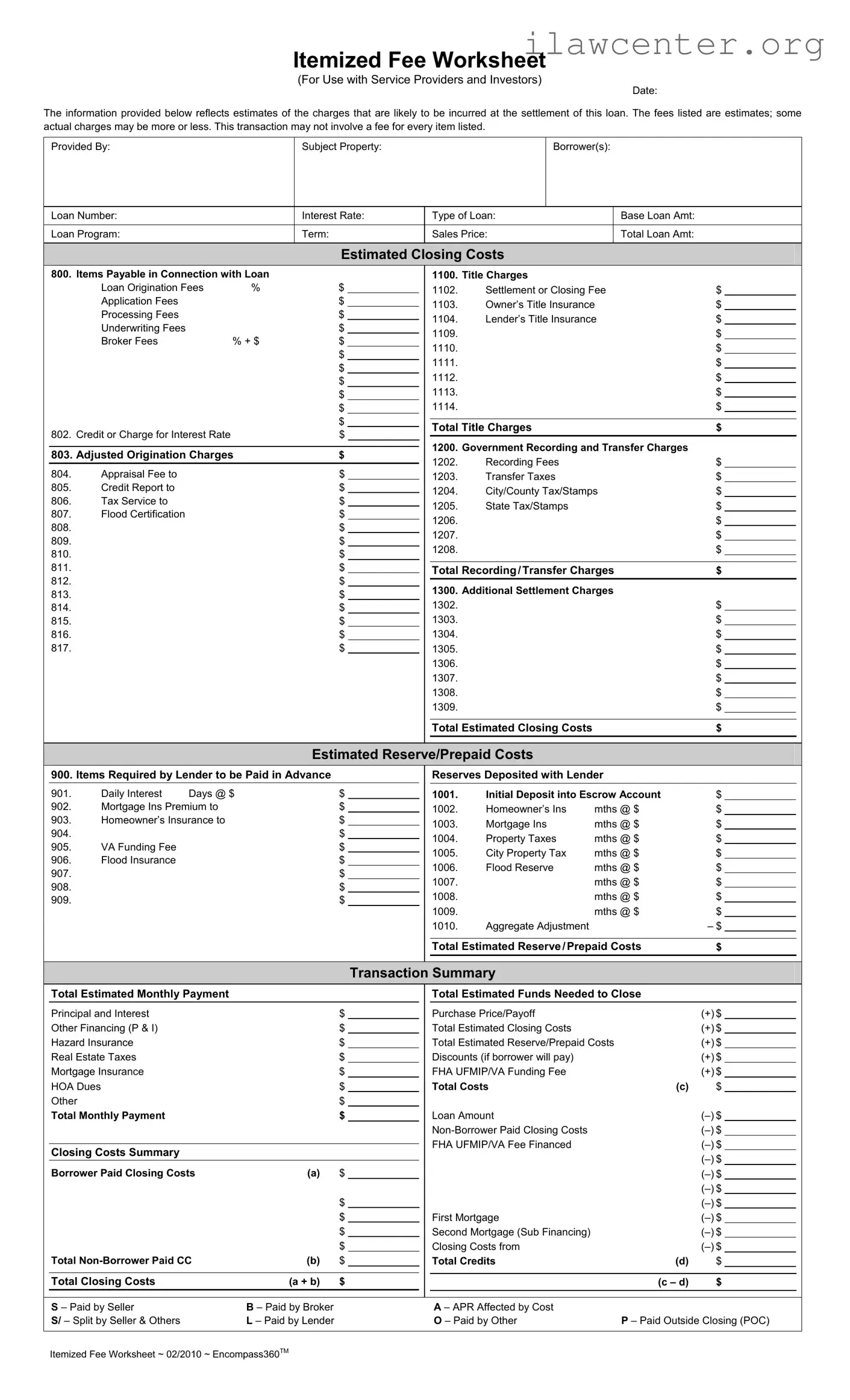 Fee Worksheet PDF Template