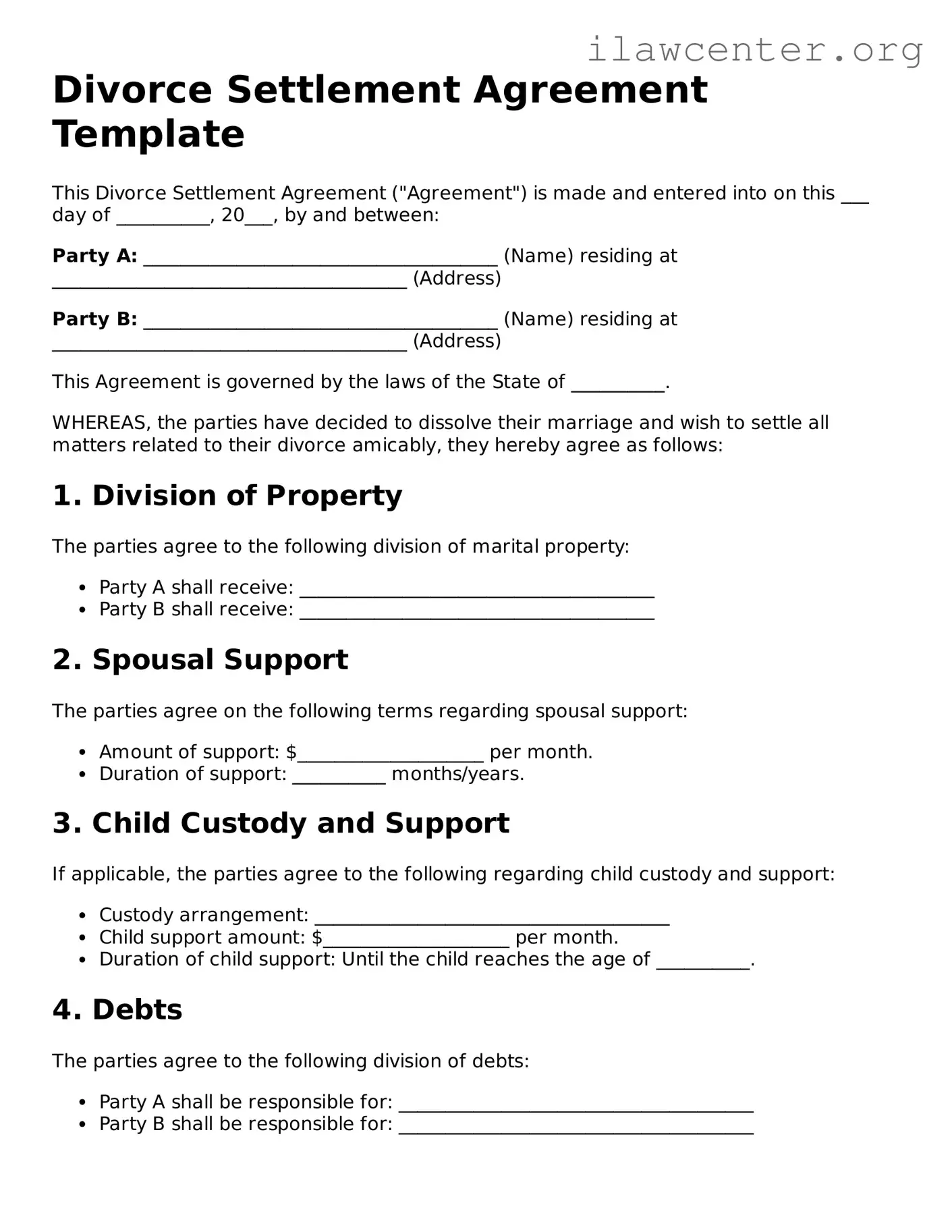 Fillable Divorce Settlement Agreement Document