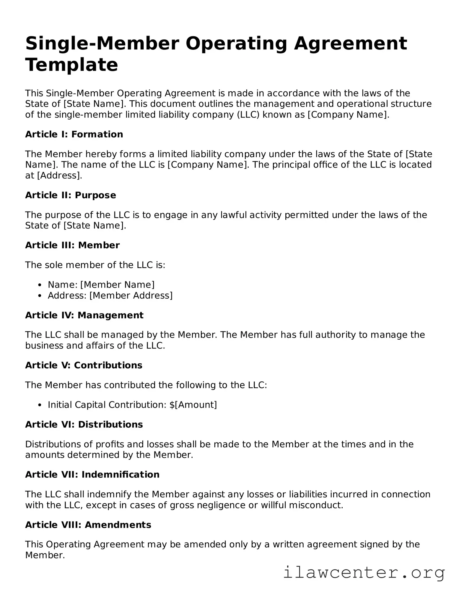 Fillable Single-Member Operating Agreement Document