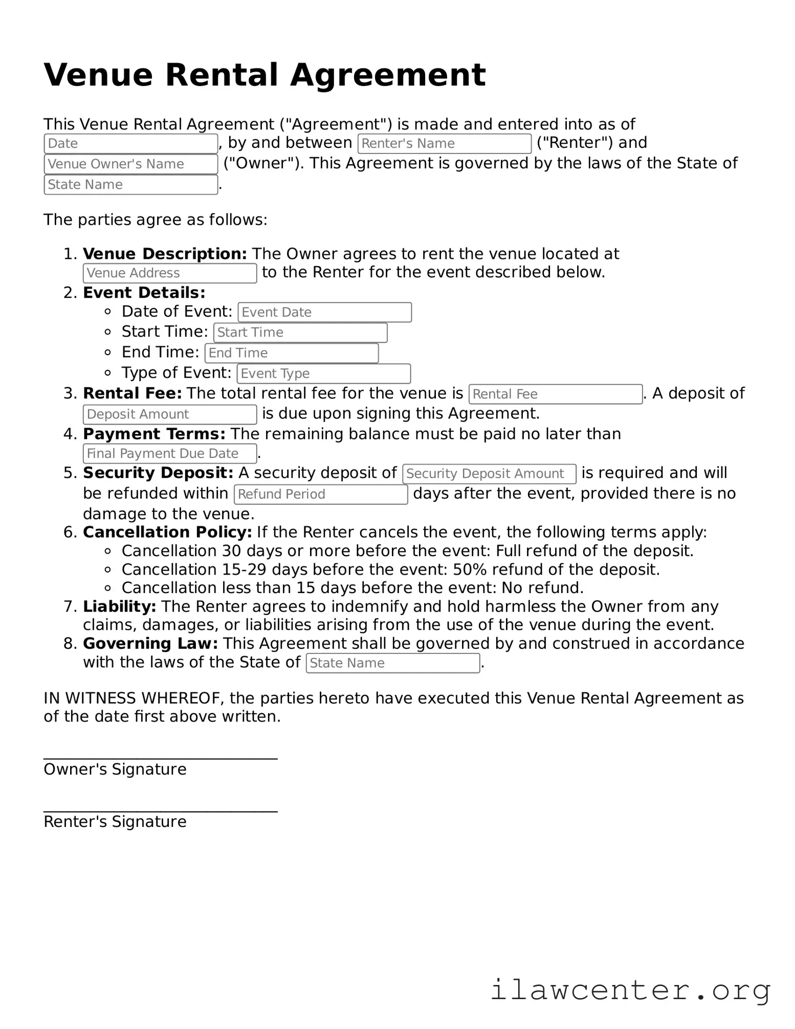 Fillable Venue Rental Agreement Document