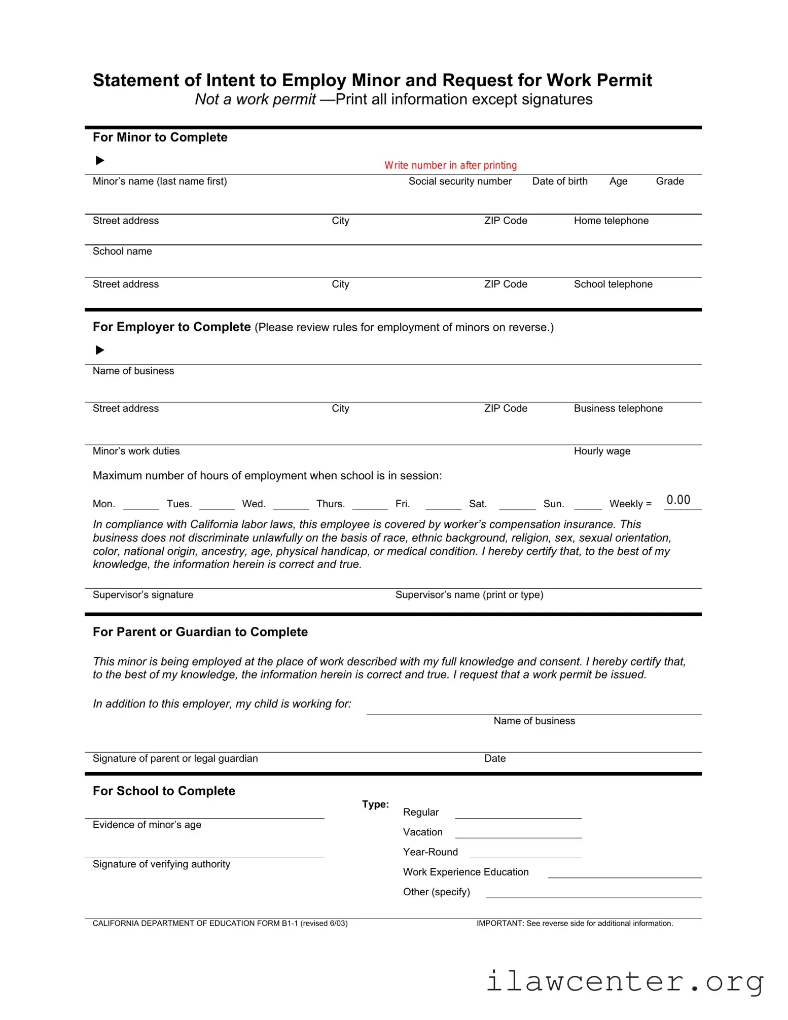 Statement of Intent to Employ Minor and Request for Work Permit PDF Template