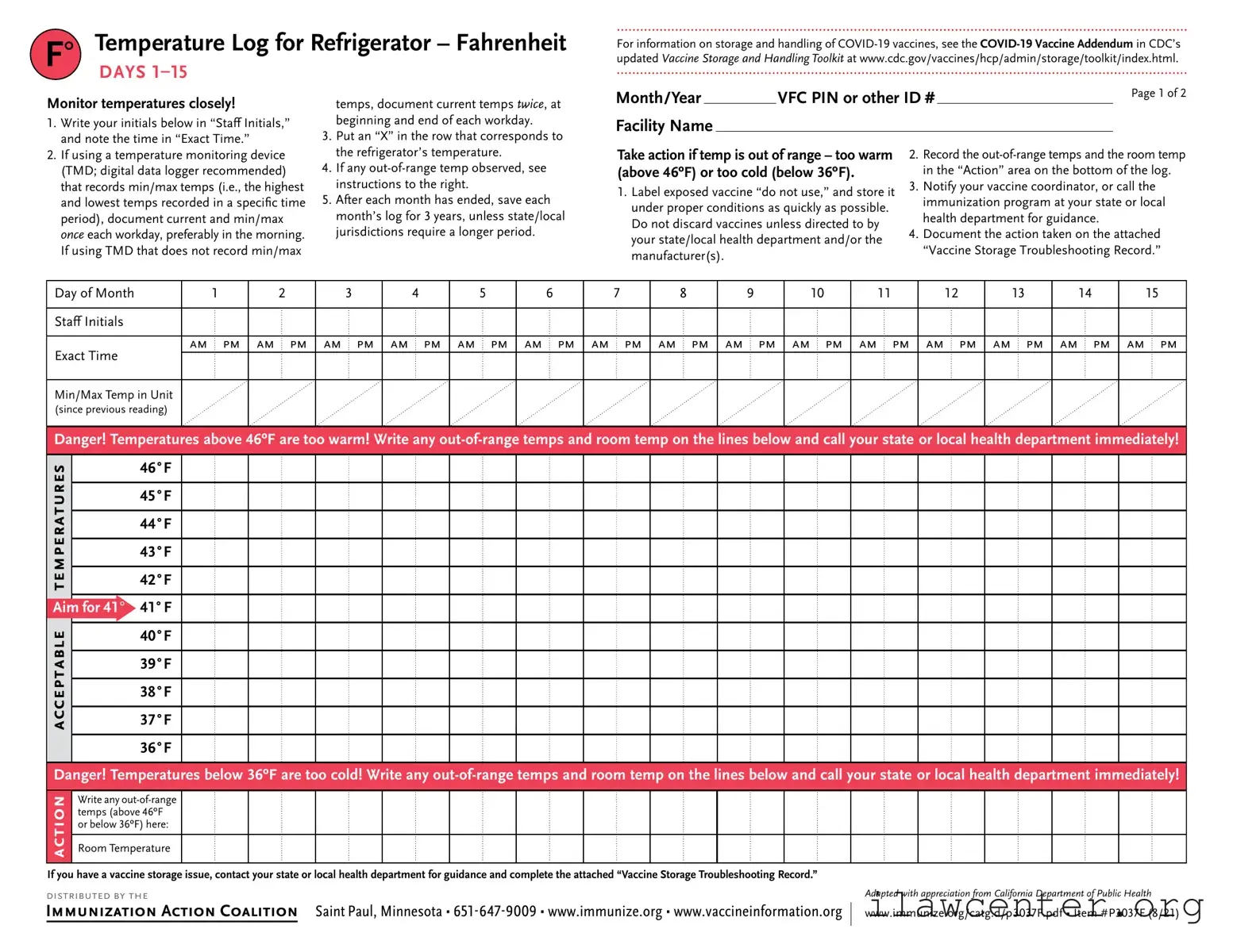 Refrigerator Temperature Log PDF Template