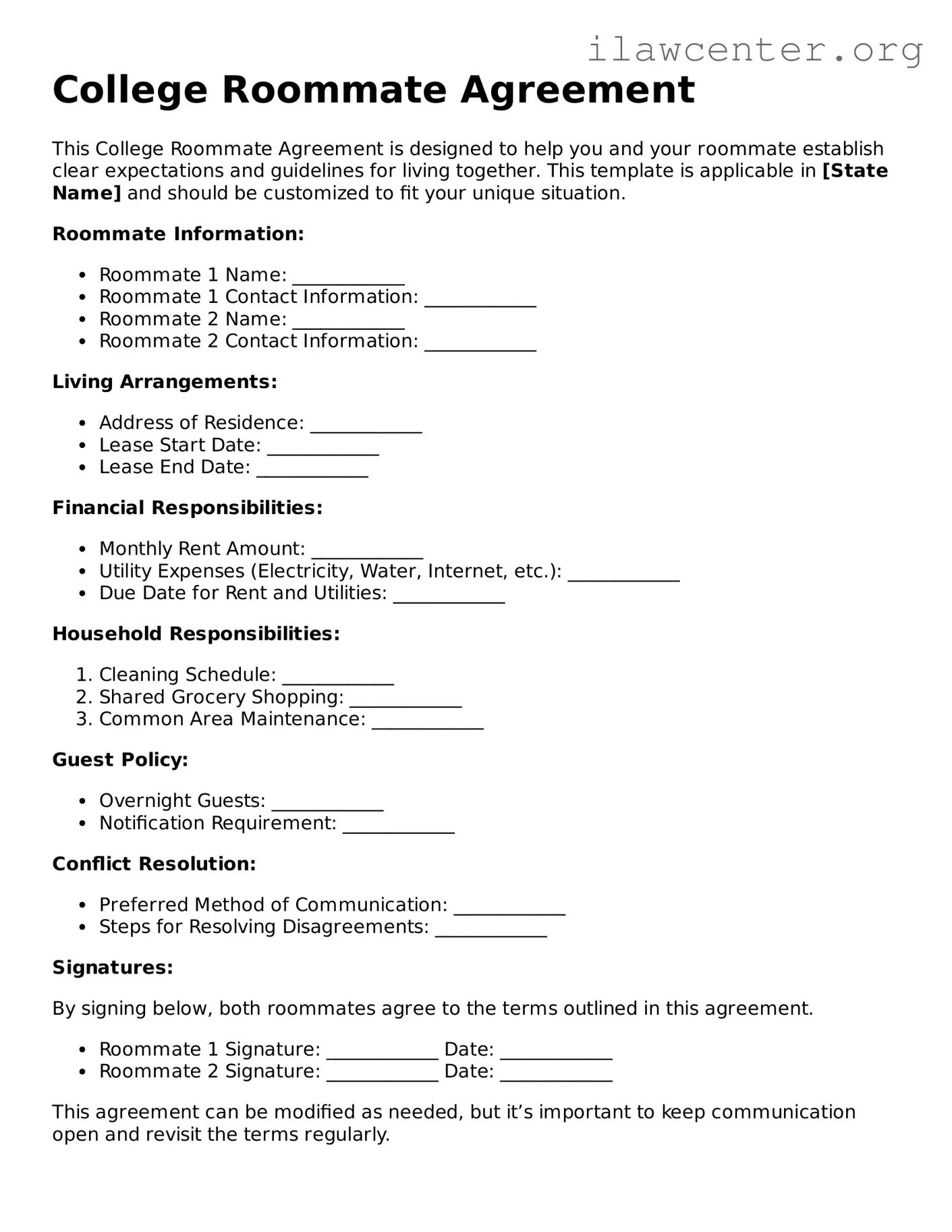 Fillable College Roommate Agreement Document