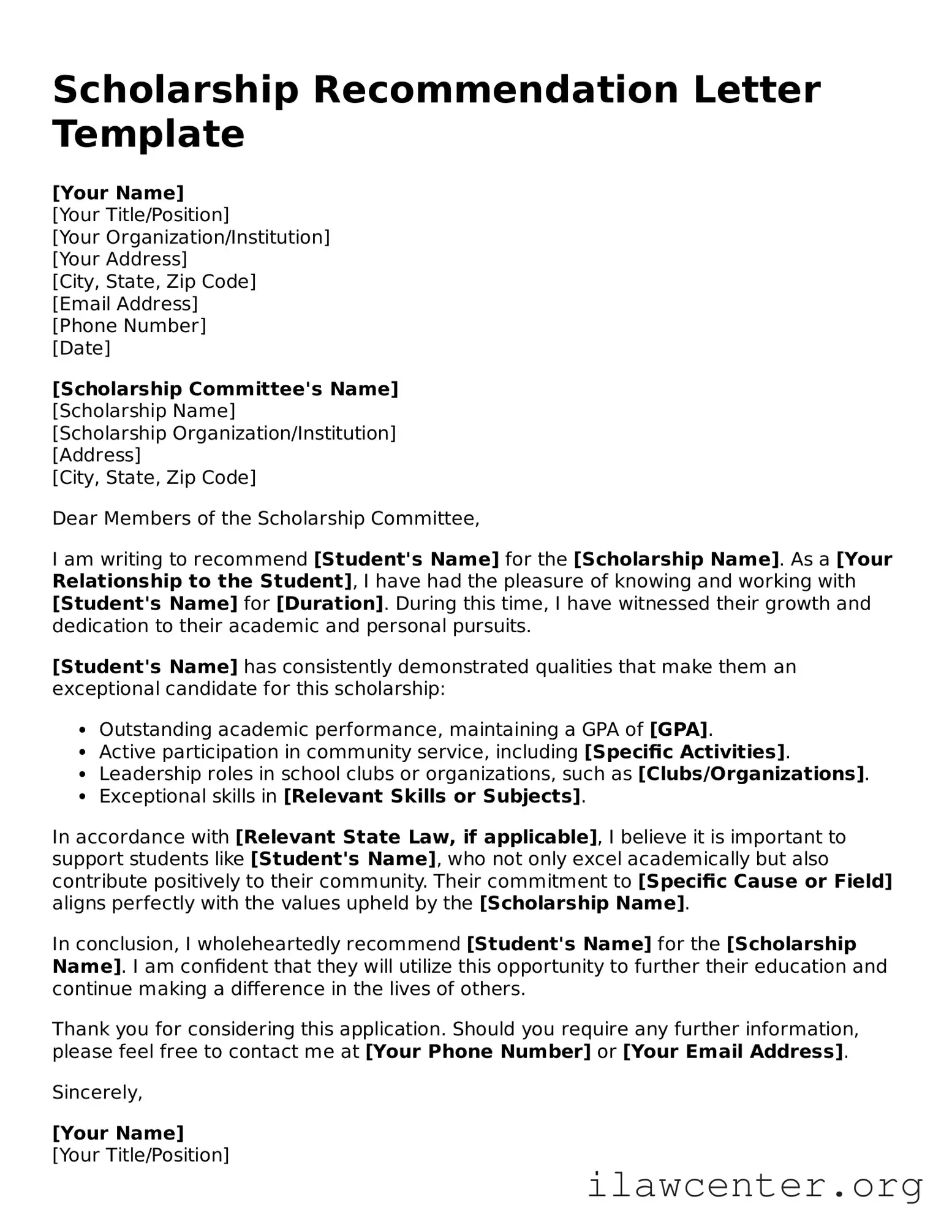 Fillable Scholarship Recommendation Letter Document