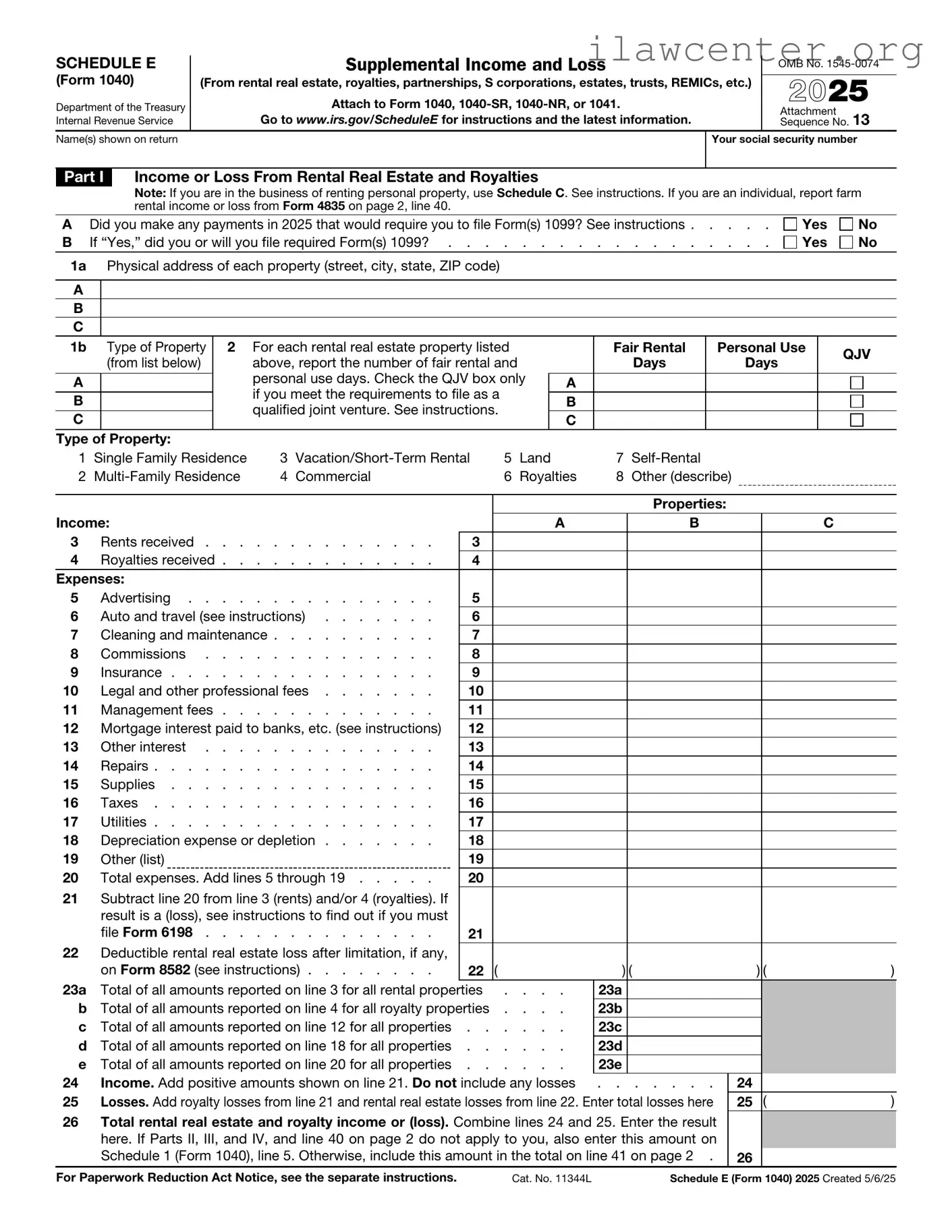 IRS Schedule E 1040 PDF Template
