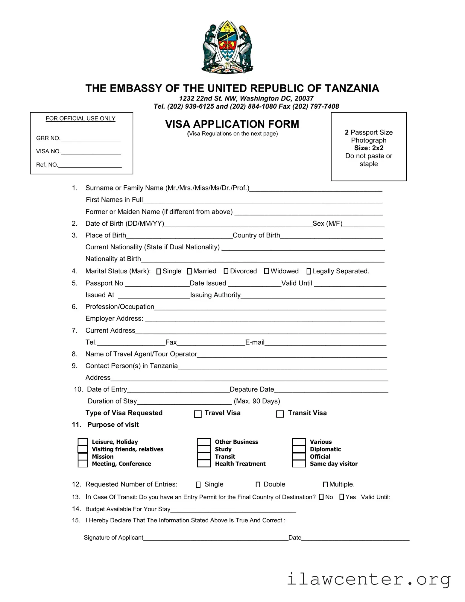 Tanzania Visa Applicaiton PDF Template
