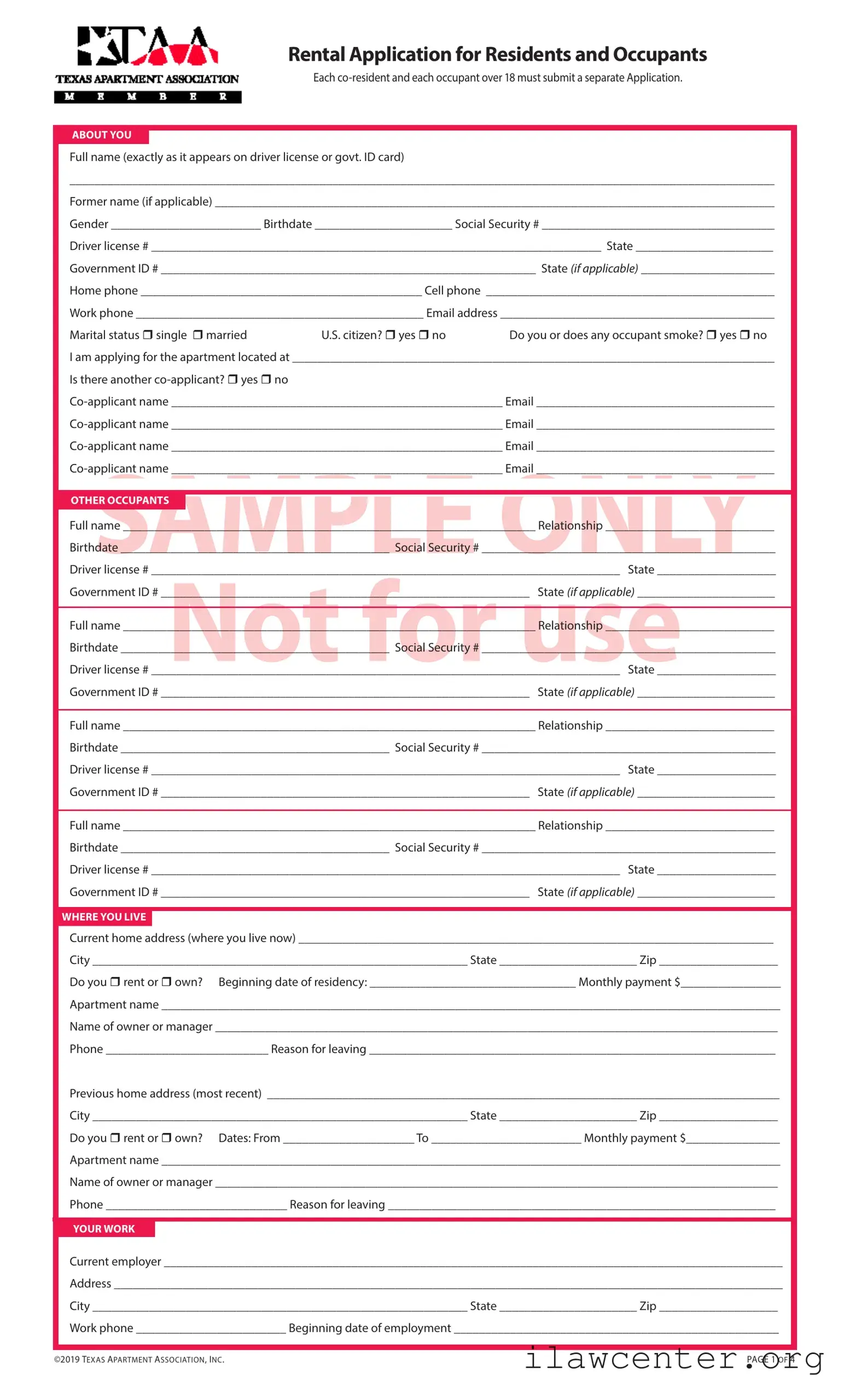 Taa Rental Application PDF Template