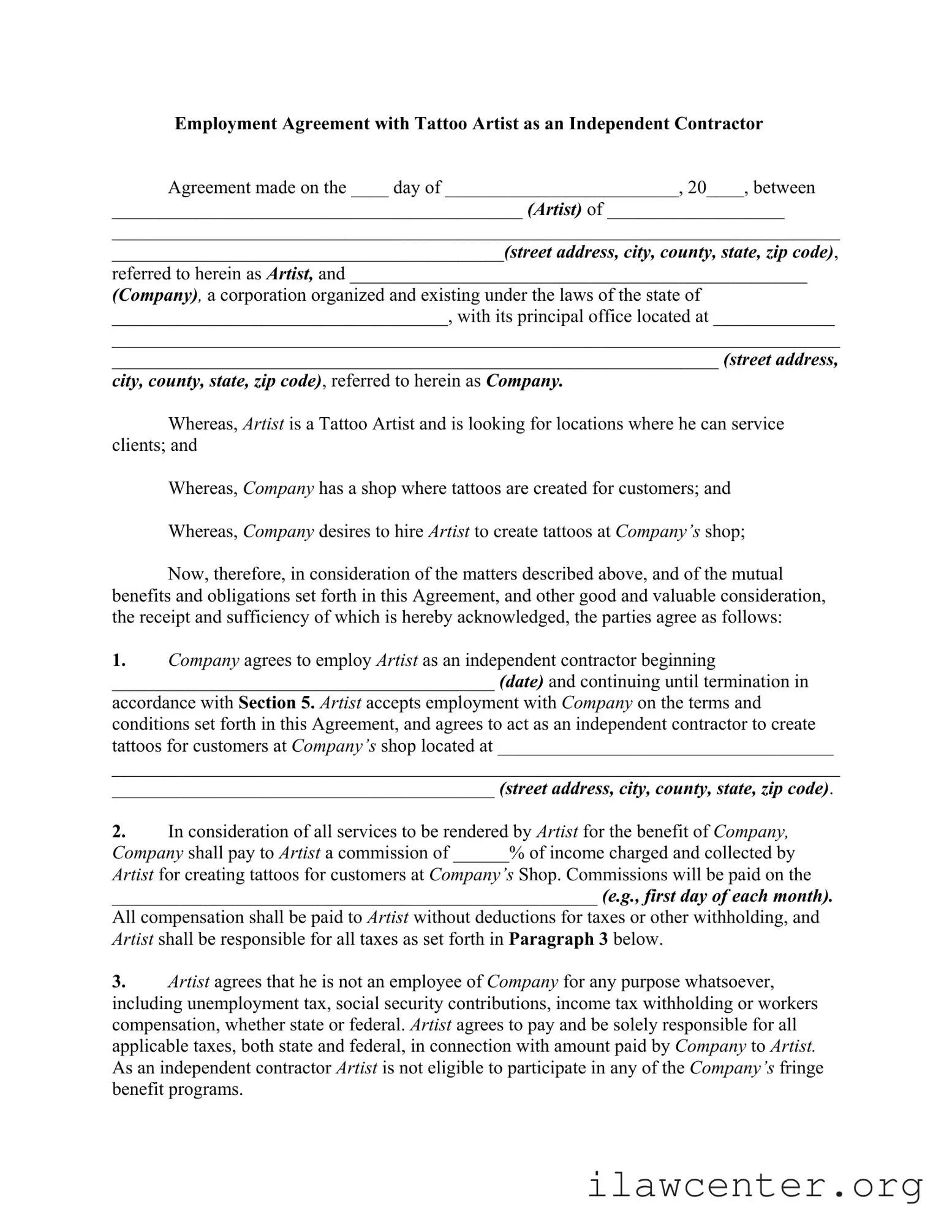 Tattoo Shop Artist Agreement PDF Template