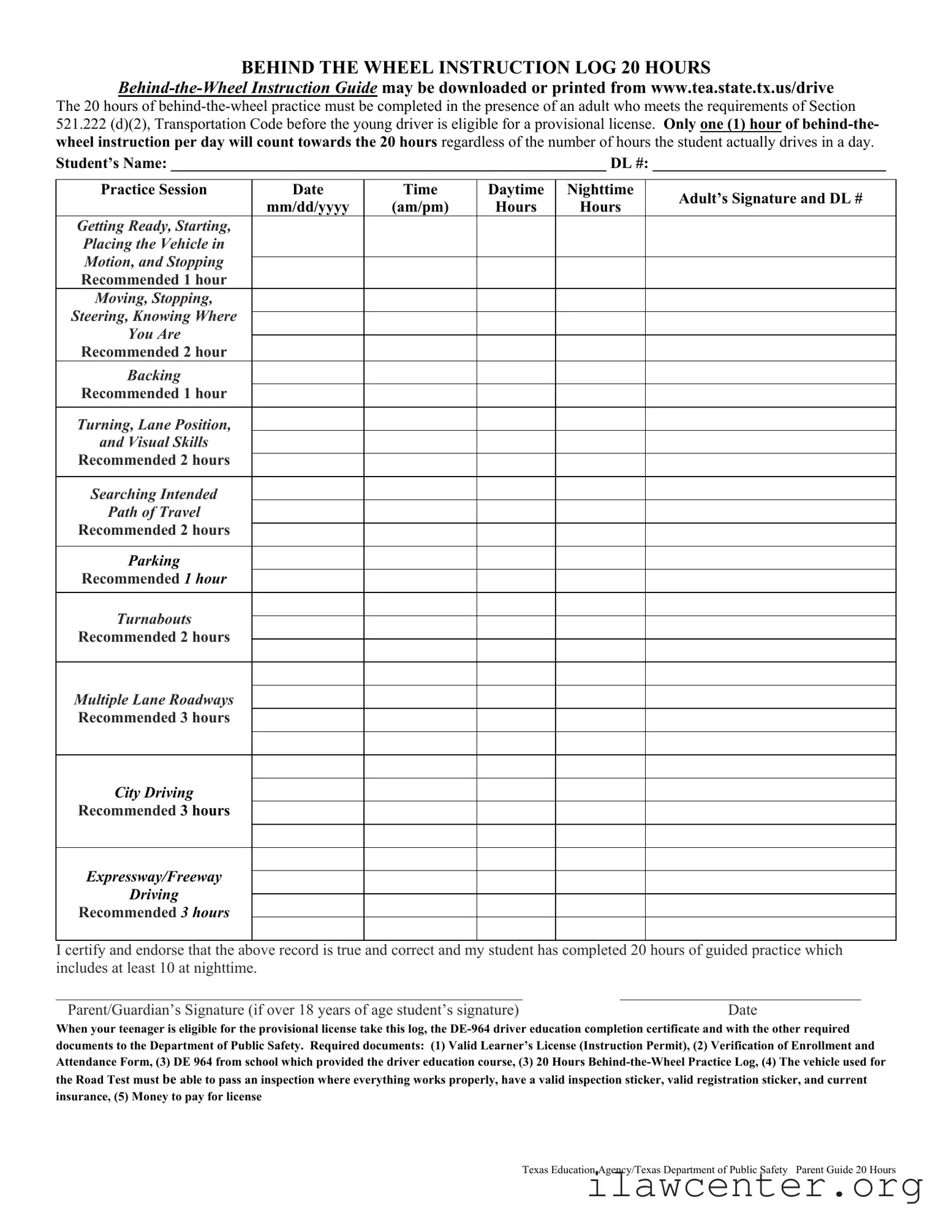 Texas Dps Driving Log PDF Template