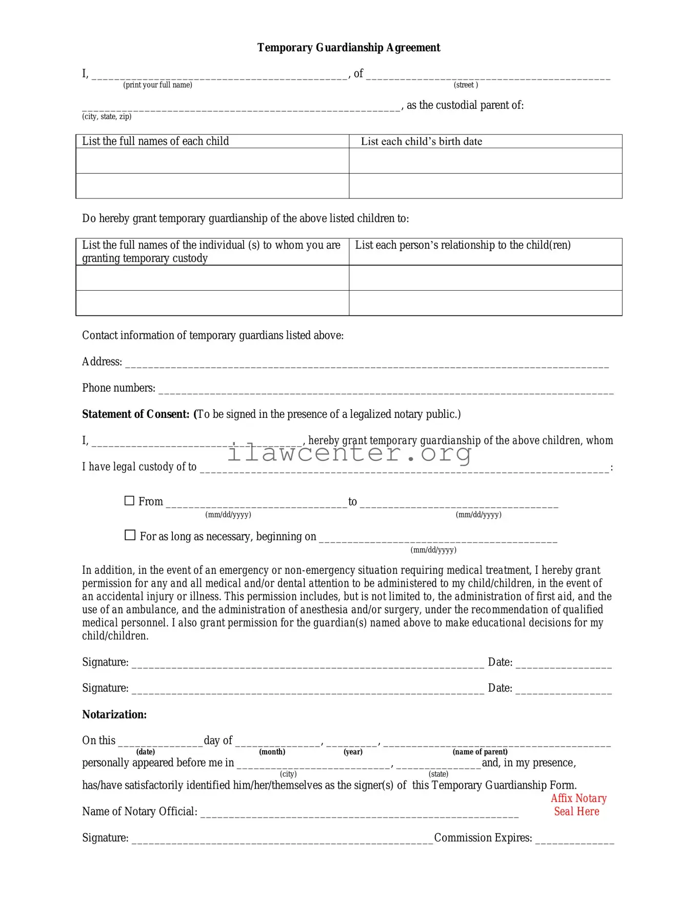 Temporary Custody PDF Template
