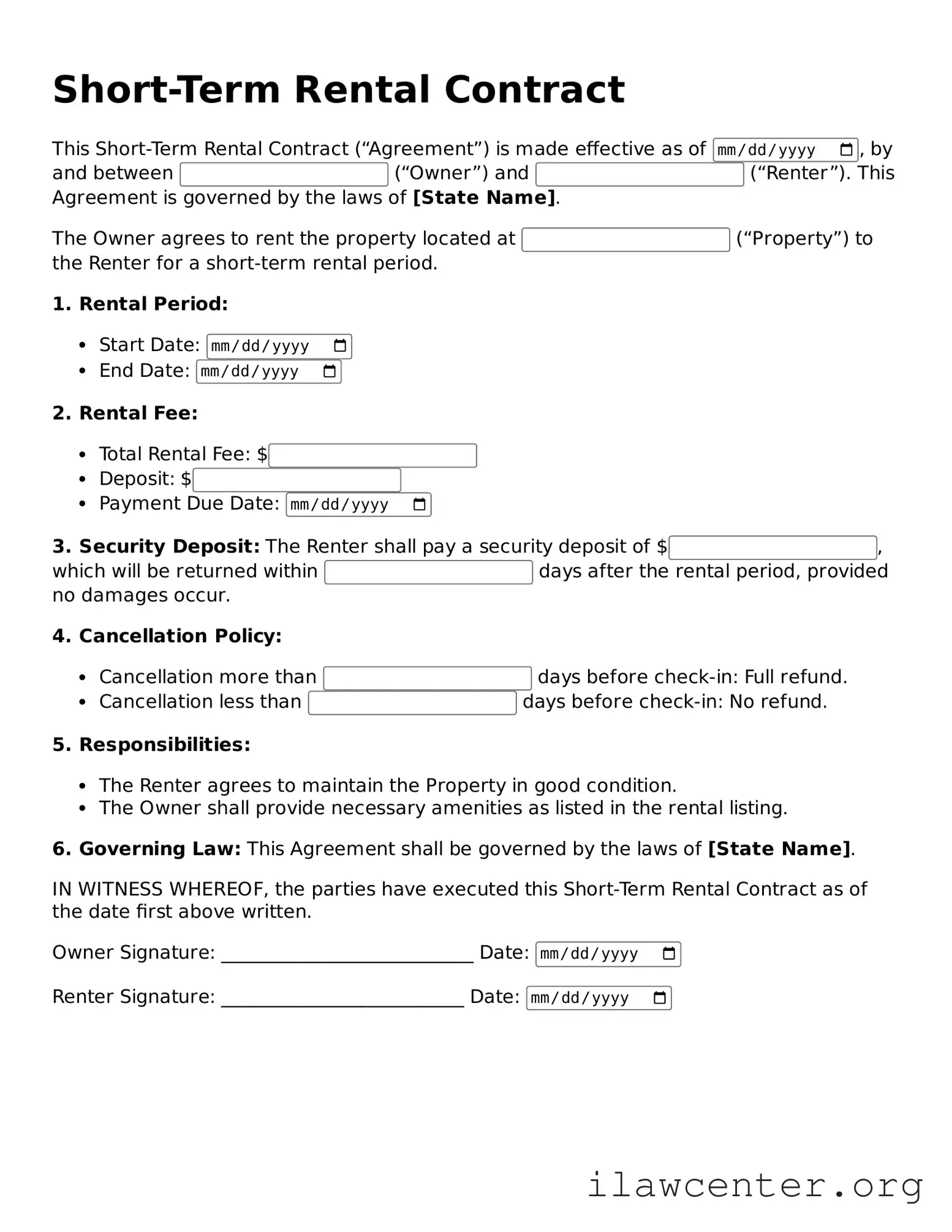 Fillable Short-Term Rental Contract Document