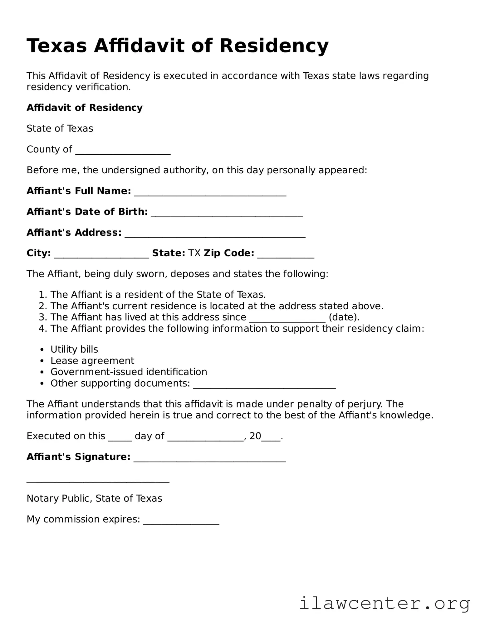 Attorney-Verified  Affidavit of Residency Document for Texas