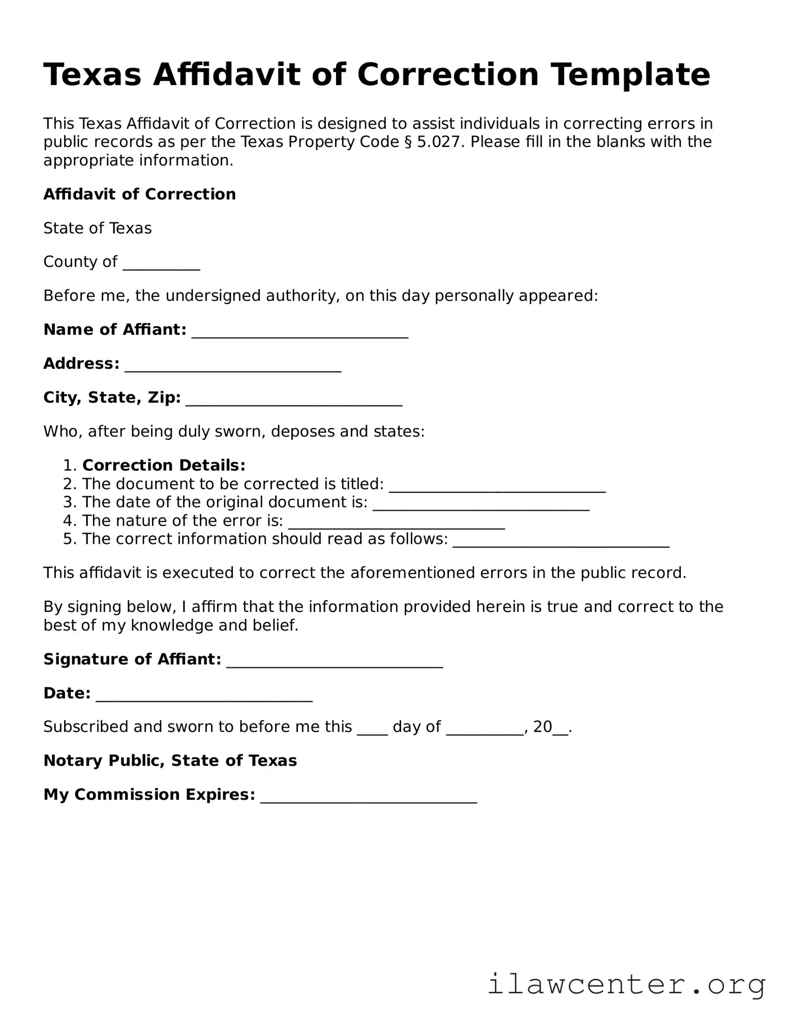 Attorney-Verified  Affidavit of Correction Document for Texas