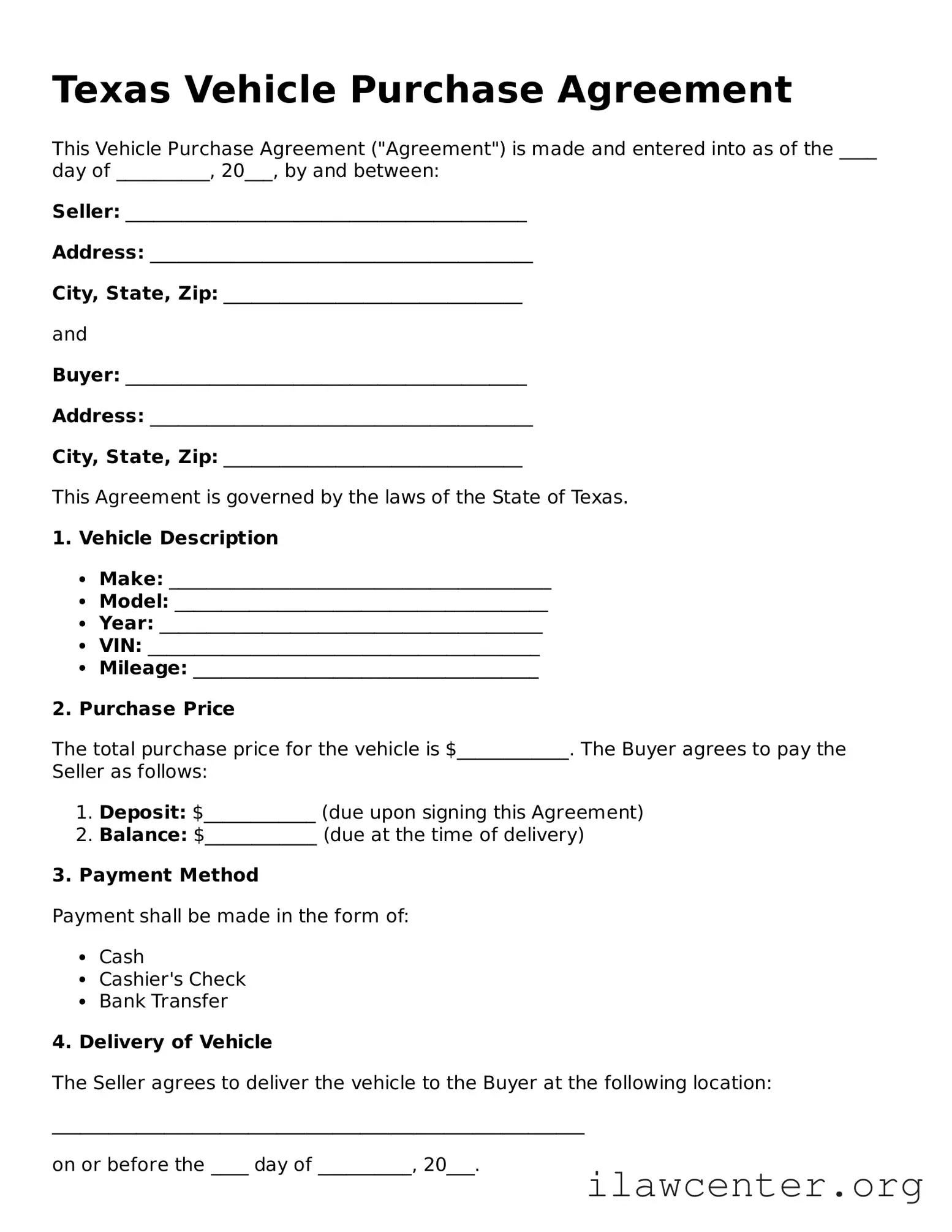 Attorney-Verified  Vehicle Purchase Agreement Document for Texas