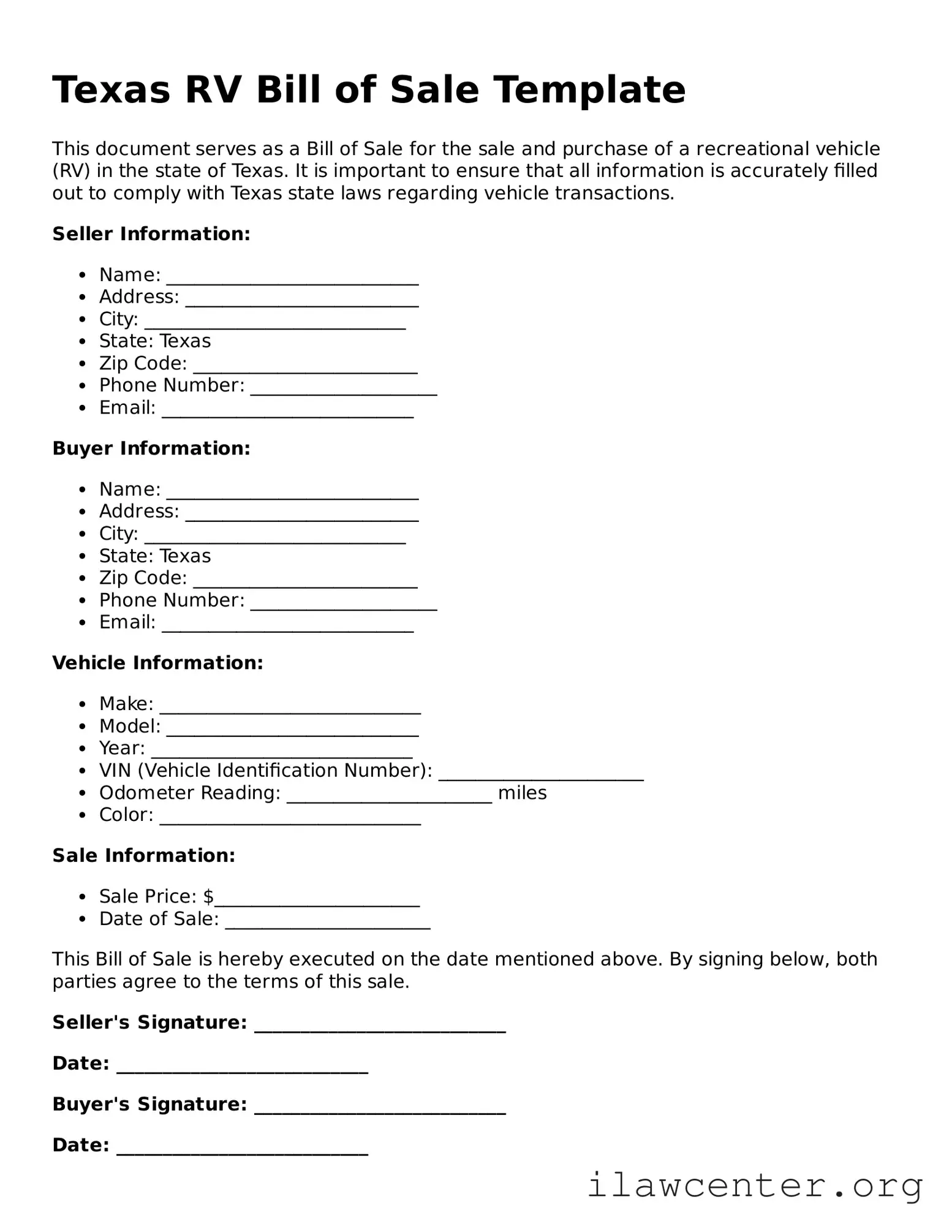 Attorney-Verified  RV Bill of Sale Document for Texas