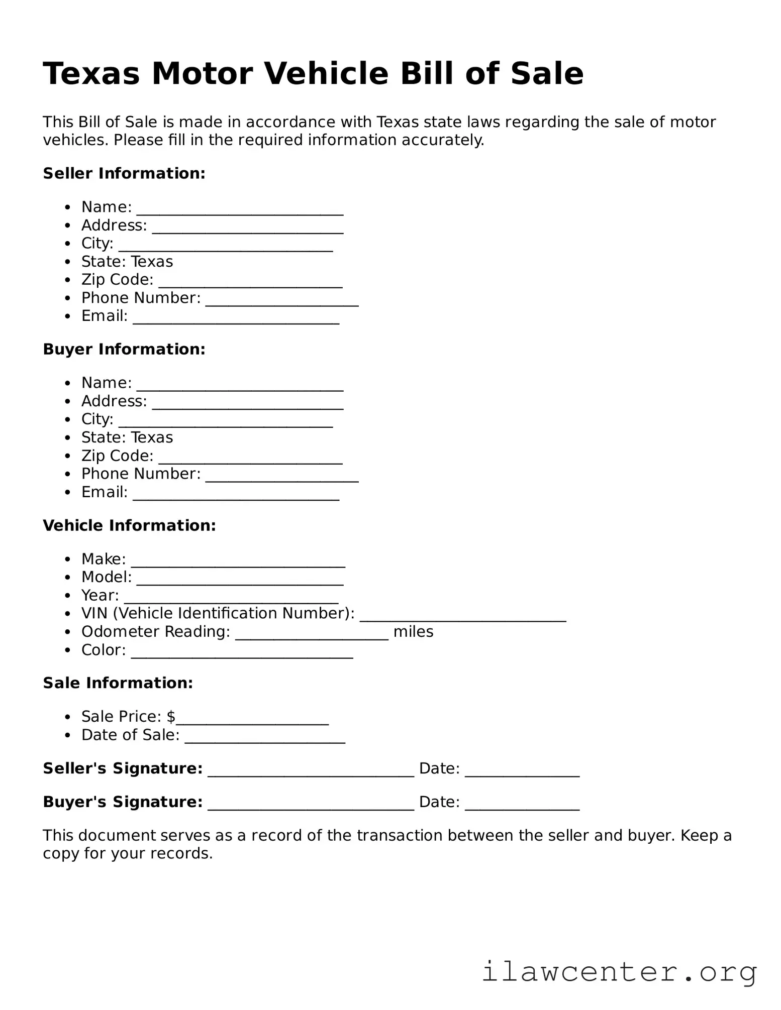 Attorney-Verified  Motor Vehicle Bill of Sale Document for Texas