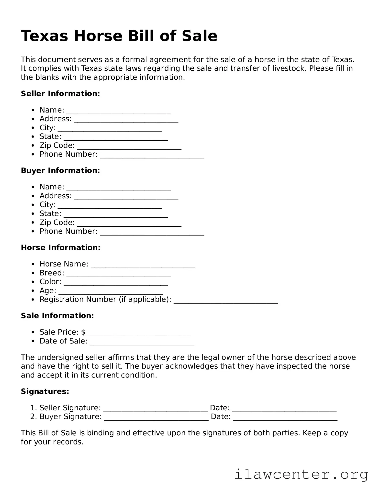 Attorney-Verified  Horse Bill of Sale Document for Texas