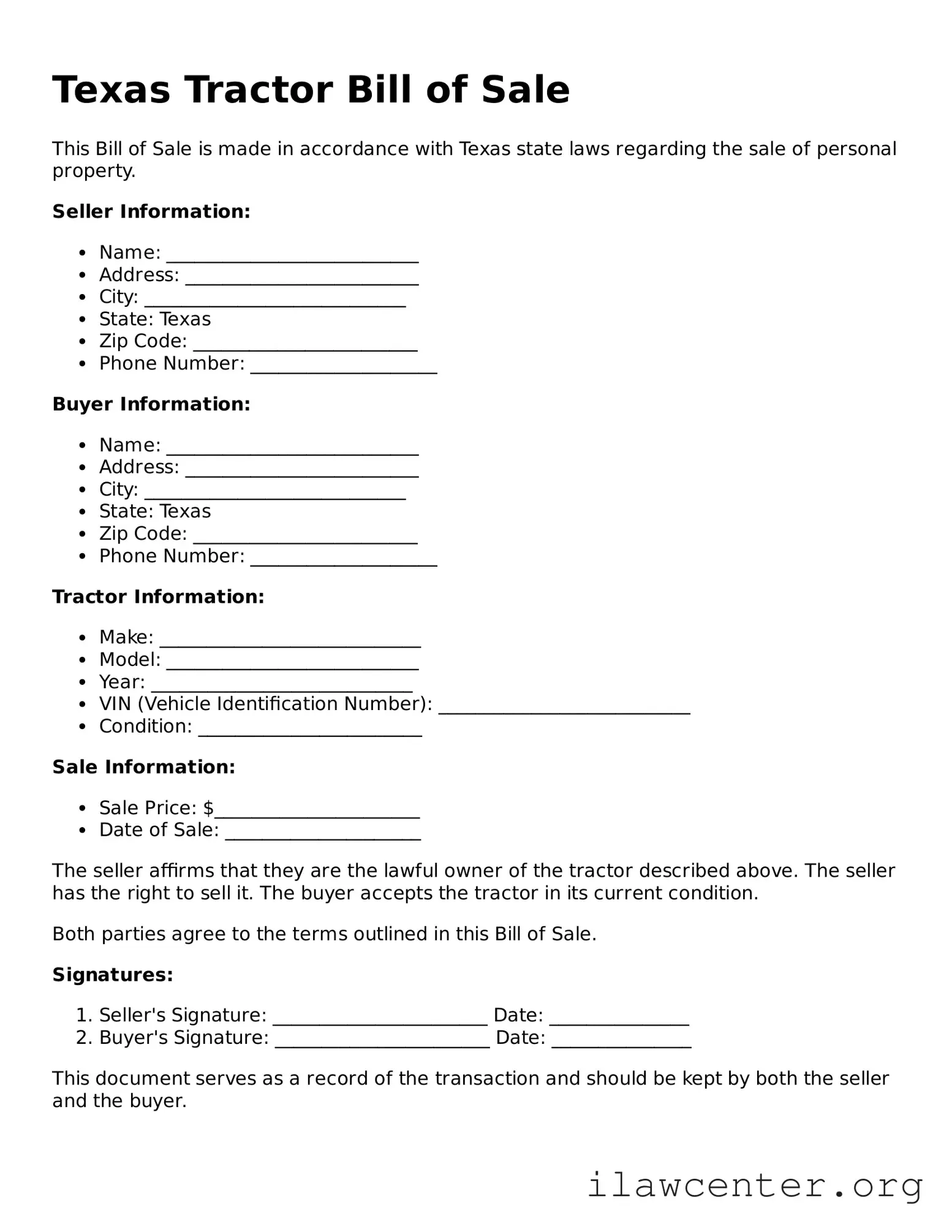Attorney-Verified  Tractor Bill of Sale Document for Texas