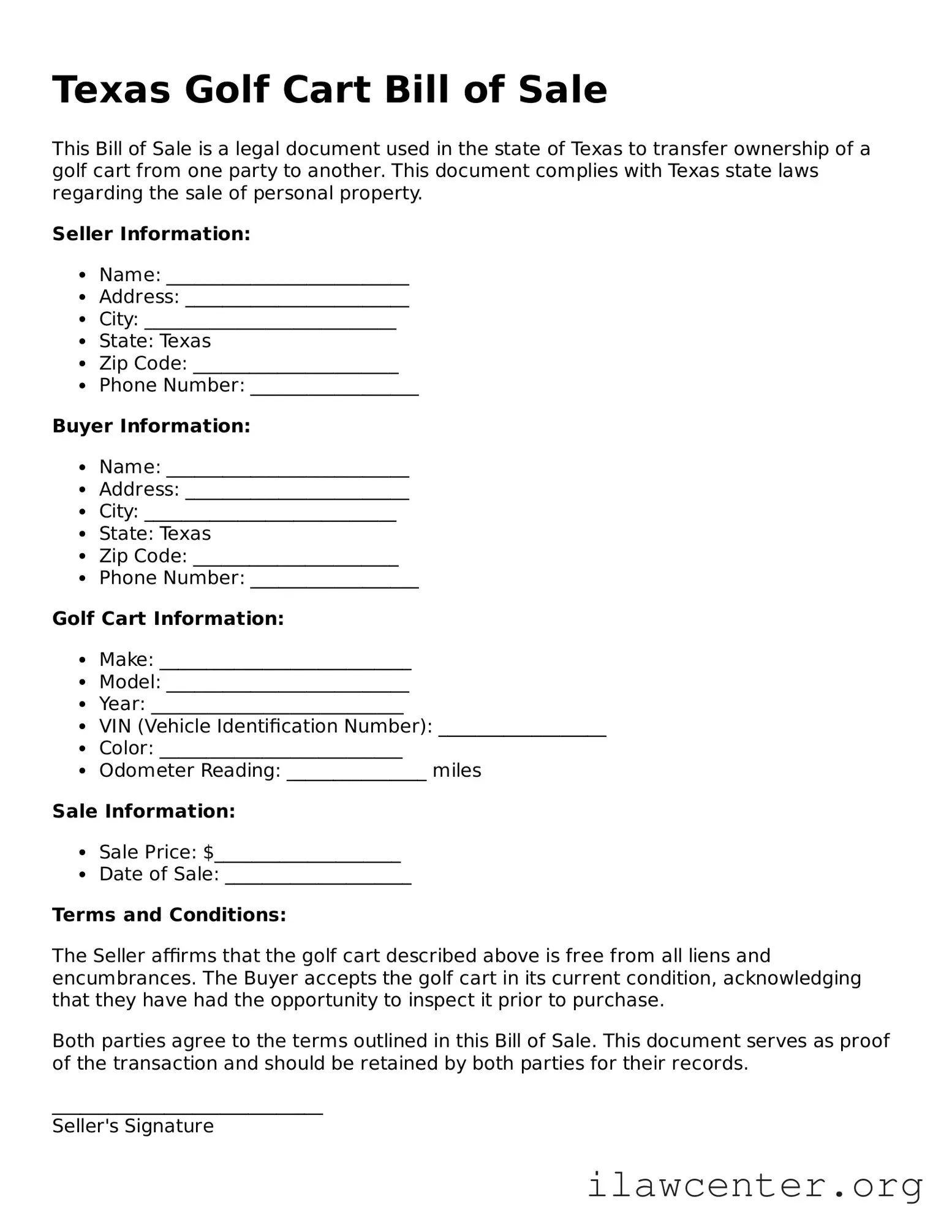 Attorney-Verified  Golf Cart Bill of Sale Document for Texas