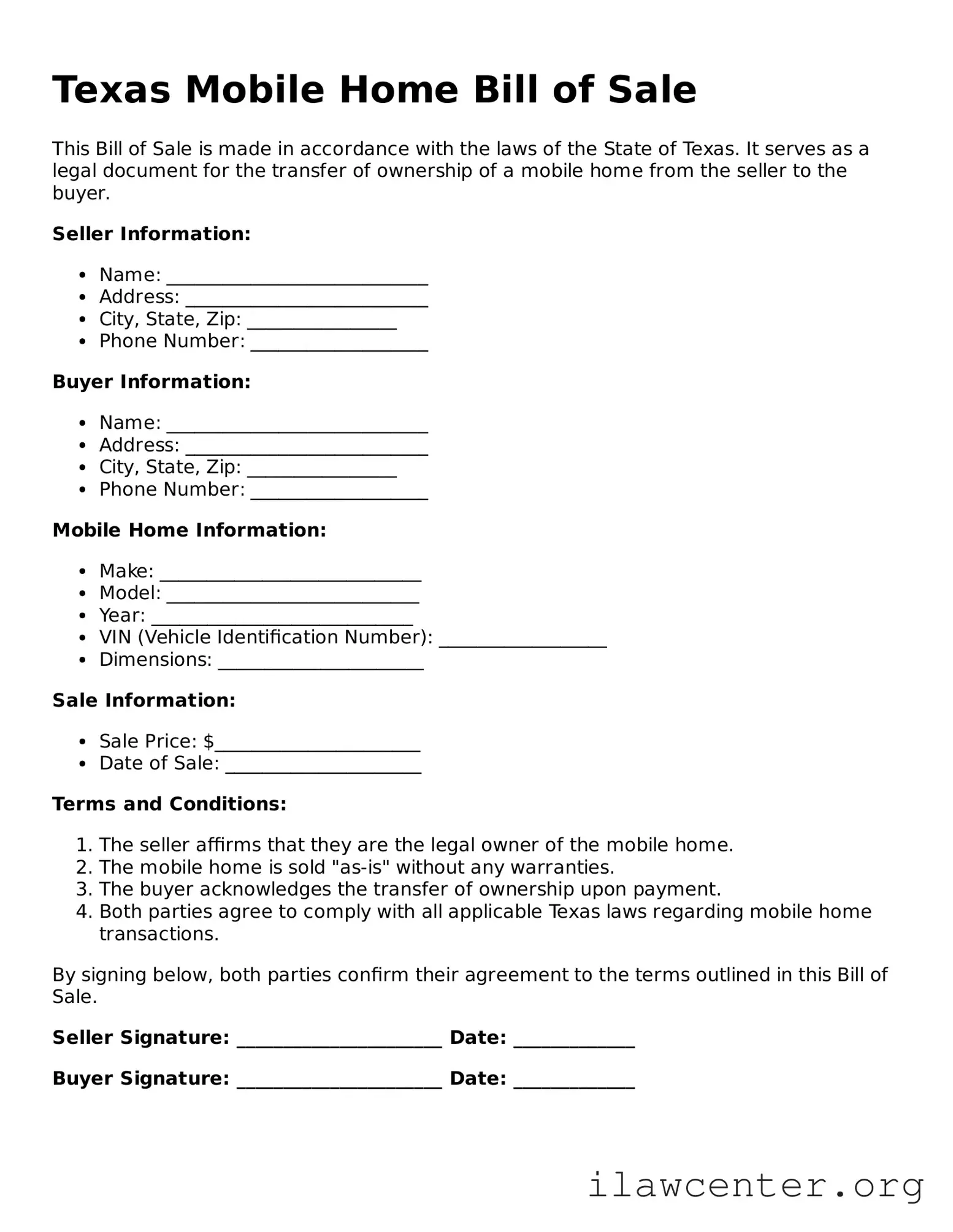 Attorney-Verified  Mobile Home Bill of Sale Document for Texas