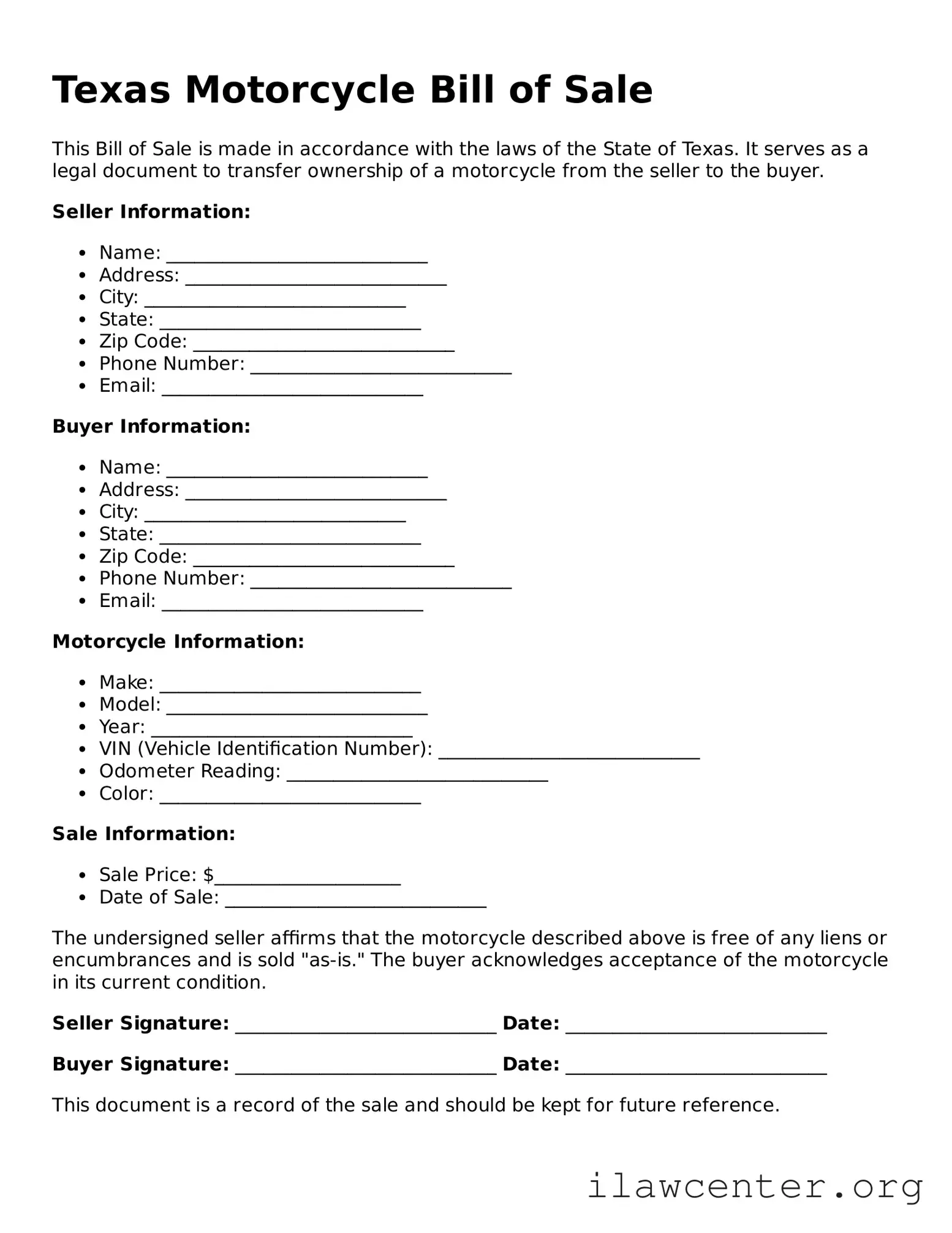 Attorney-Verified  Motorcycle Bill of Sale Document for Texas