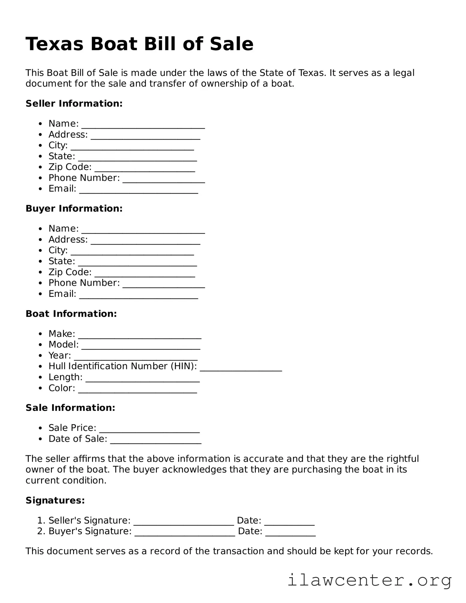 Attorney-Verified  Boat Bill of Sale Document for Texas