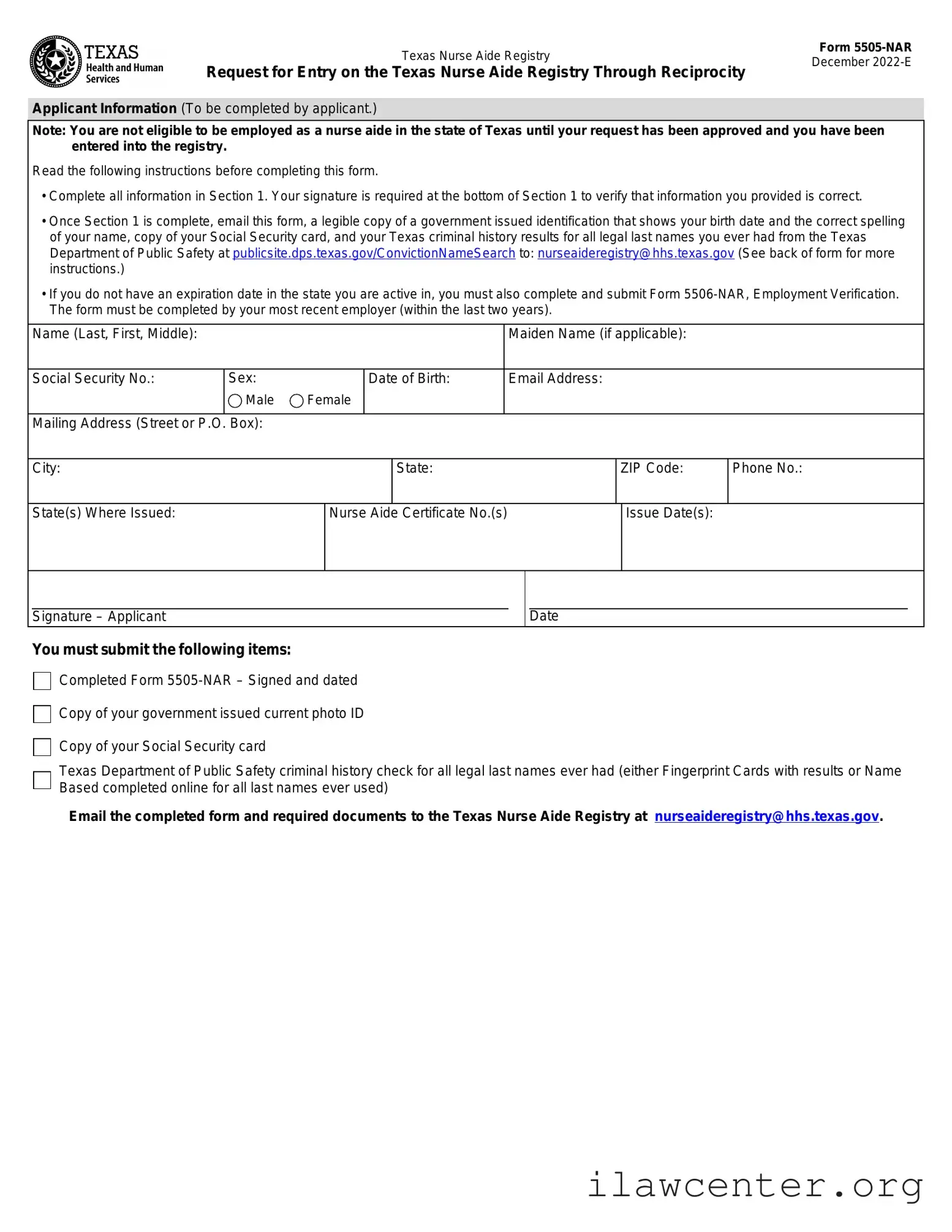 Texas Nurse Aide Registry 5505-NAR PDF Template