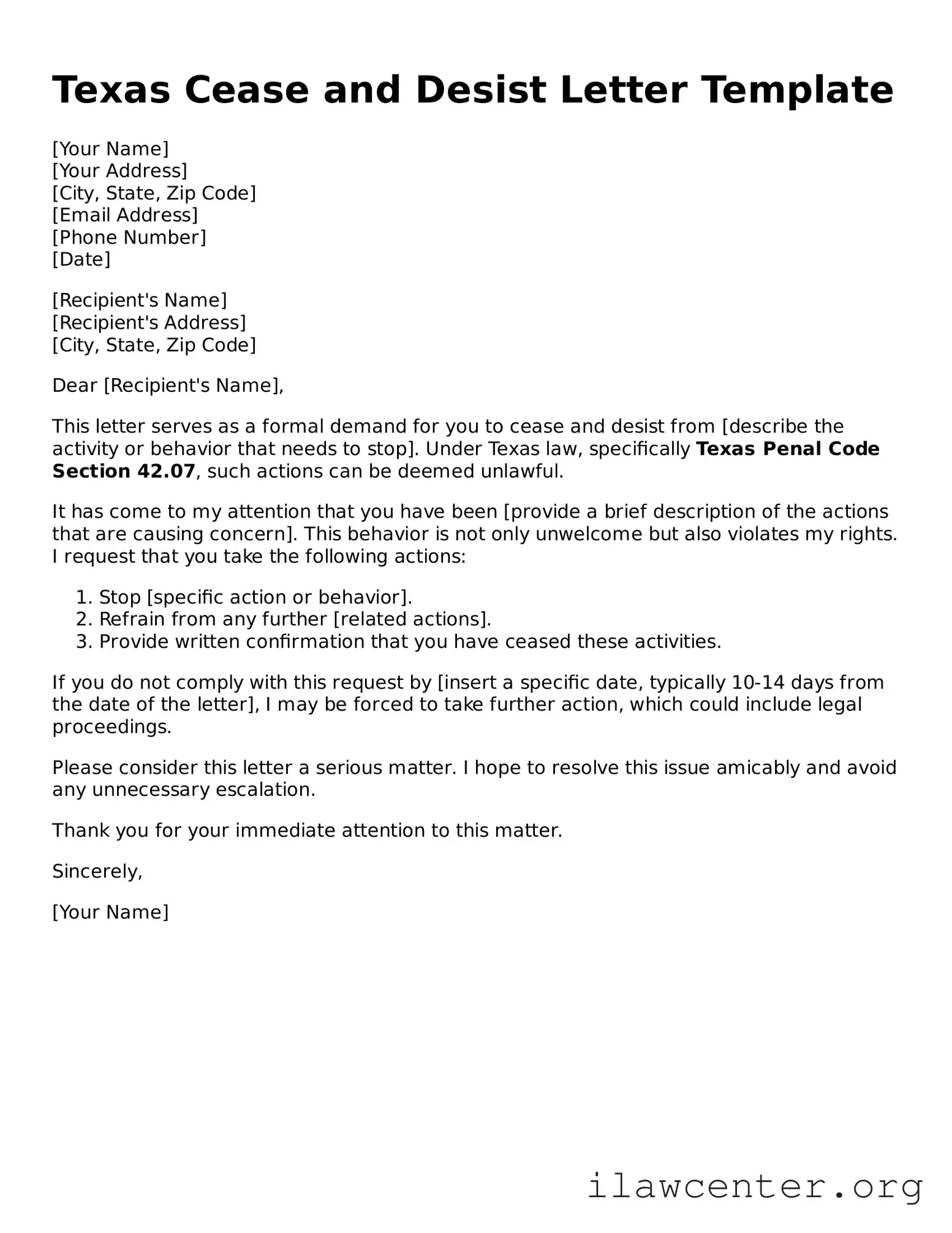 Attorney-Verified  Cease and Desist Letter Document for Texas